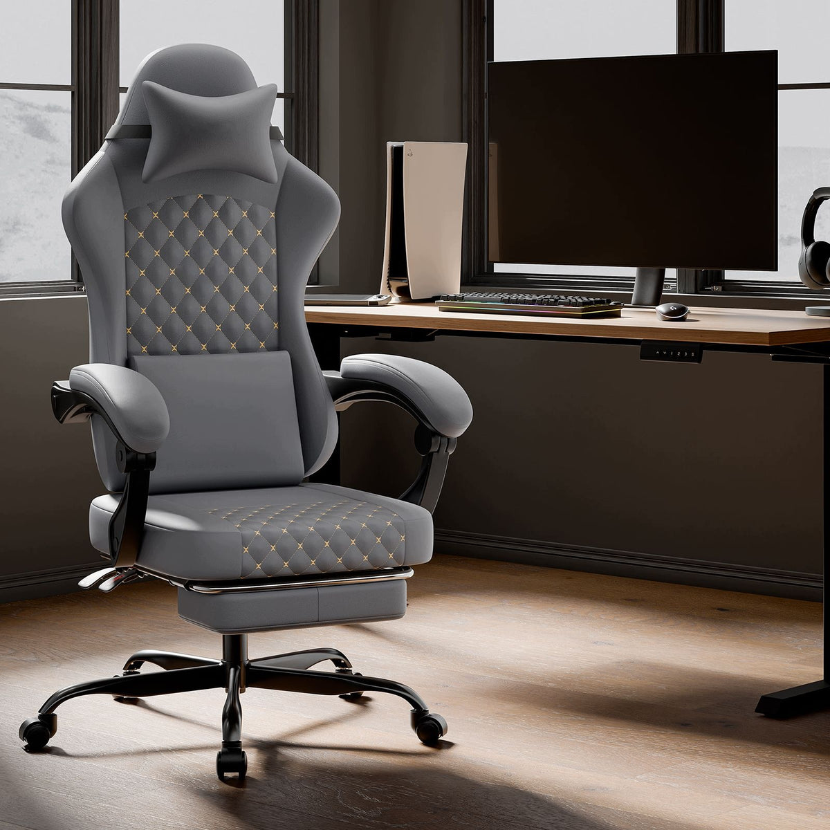 PVC gaming chair, massage, footrest, grey