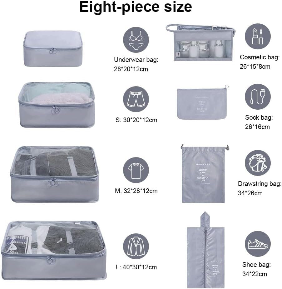 Packing Cubes 8 Pcs Suitcase Organizer with Cosmetic Bag Grey Packaging status original
