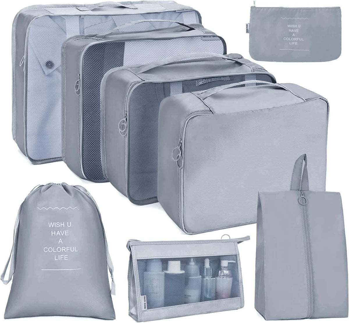 Packing Cubes 8 Pcs Suitcase Organizer with Cosmetic Bag Grey