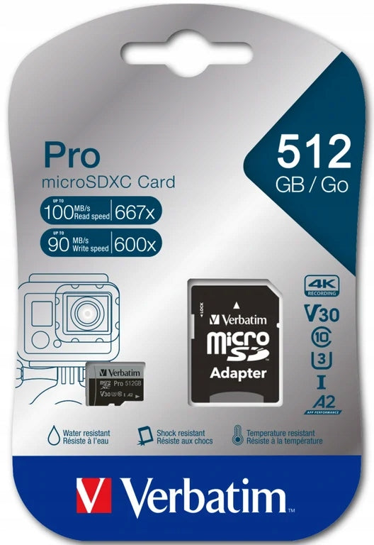 Paměťová karta Micro SDXC Verbatim Pro U3 512GB (100/90 MB/s) Class 10 U3 Card capacity 512 GB