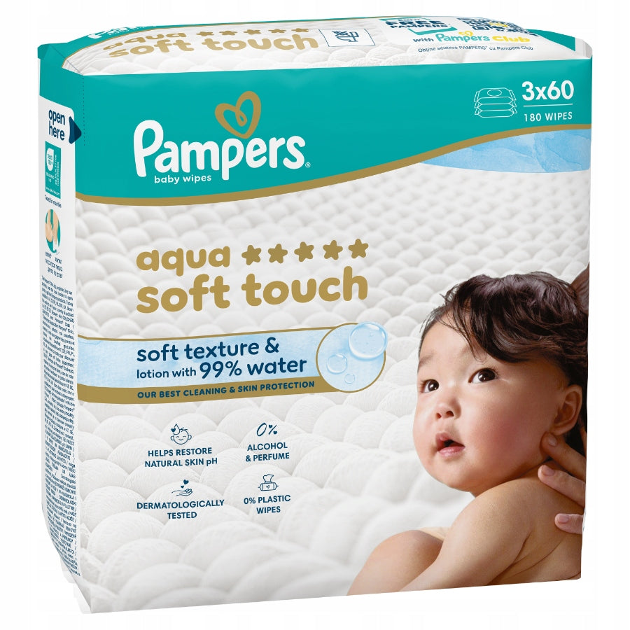 Pampers Aqua Soft Touch Wipes for Children, 3 x 60 = 180 pcs Brand Pampers