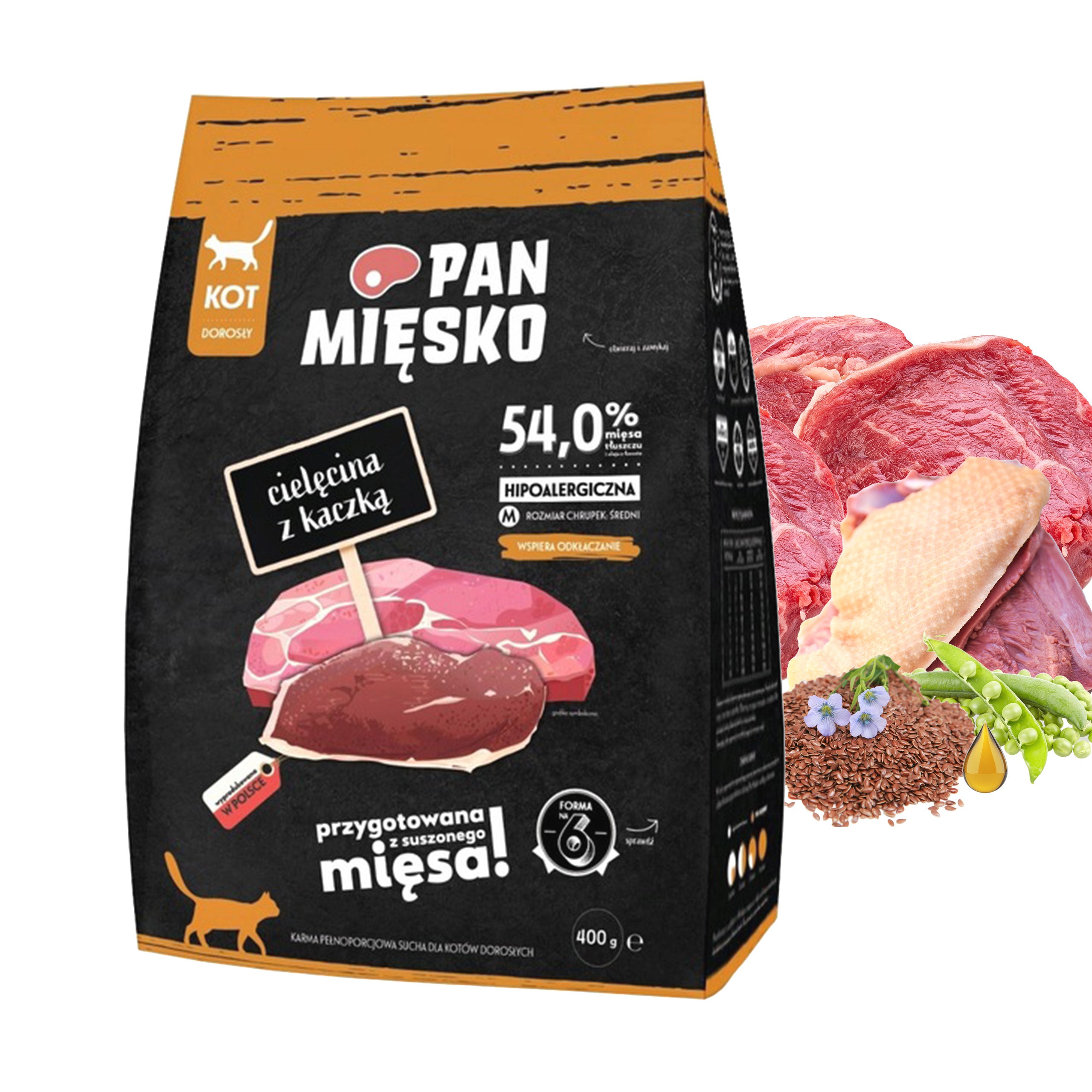 Pan Mięsko dry cat food veal with duck (adult) crisps M 400g Manufacturer code 1611