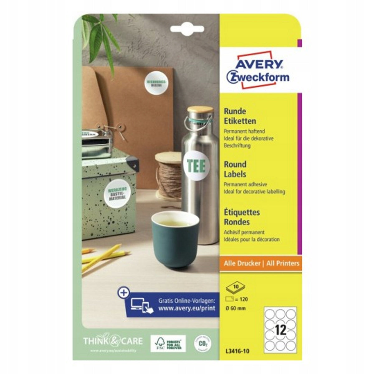 Paper labels AVERY ZWECKFORM Ø60mm col. white 120 pcs. Manufacturer code L3416-10