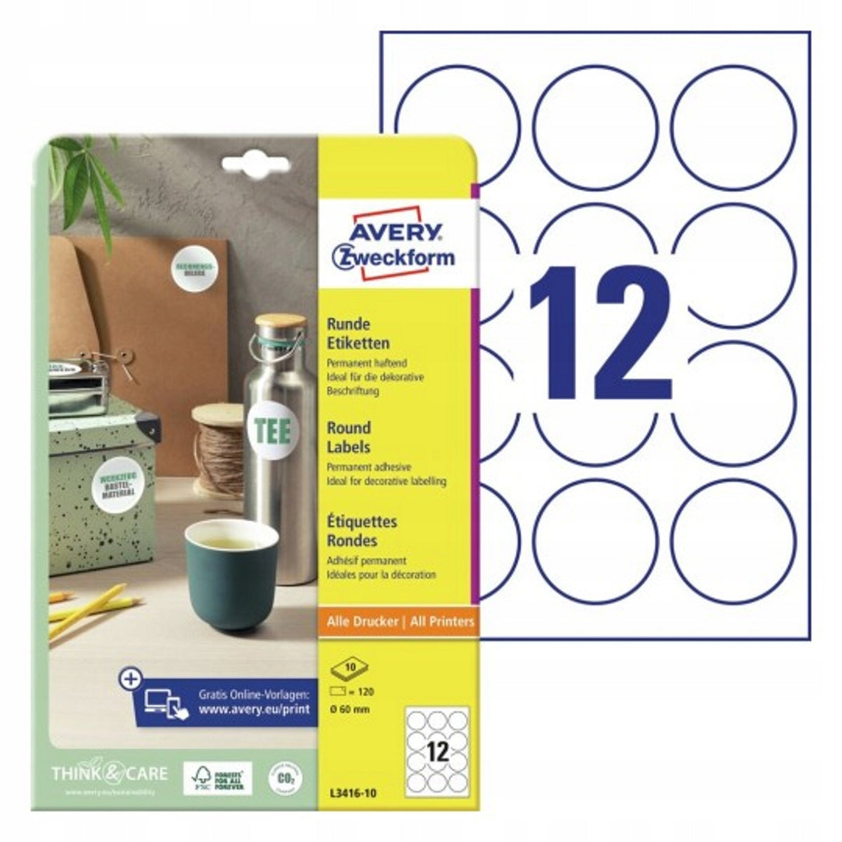 Paper labels AVERY ZWECKFORM Ø60mm col. white 120 pcs.