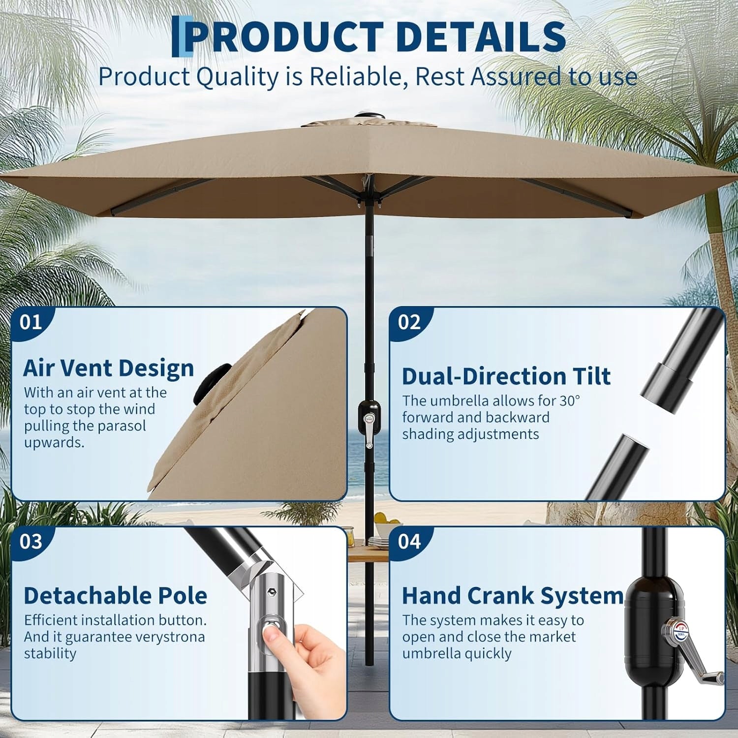 Parasol prostokątny 200 x 300 cm, parasol ogrodowy z funkcją pochylania Color beige