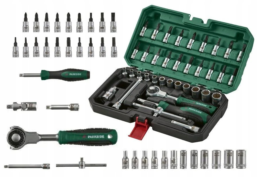 Parkside socket wrench set bits + ratchet with rotary head