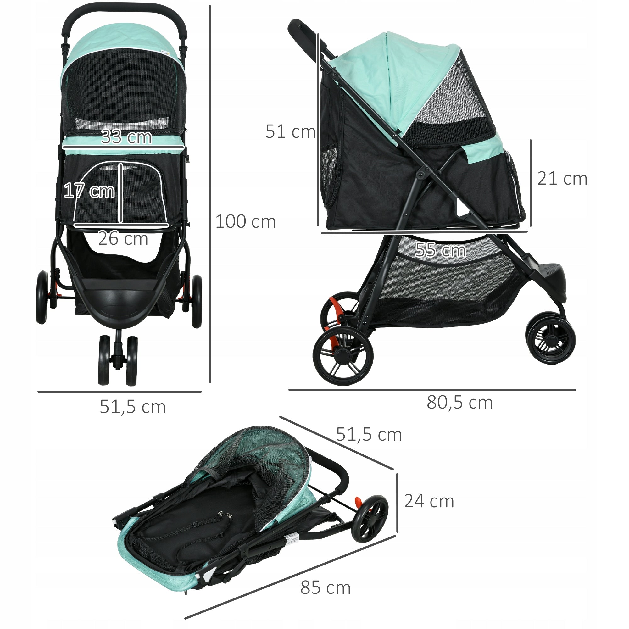 PawHut 2-in-1 Dog Stroller, Folding, with Rain Cover, 80,5x51,5x100 cm Size S/M