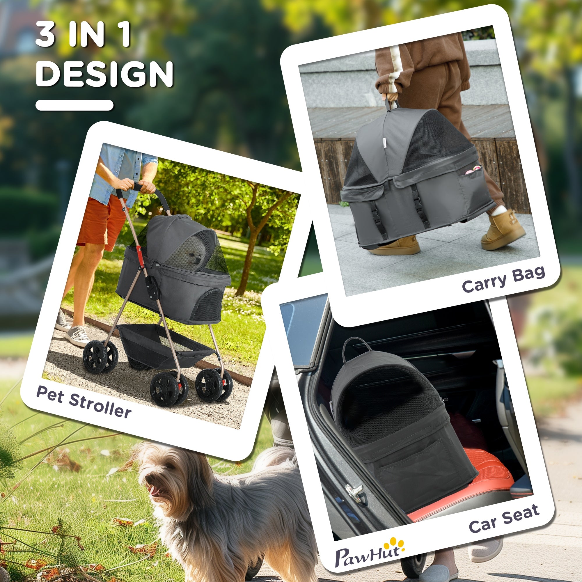 PawHut 3-in-1 Dog Stroller, Folding, Carry Bag, Convenient, Grey Brand PawHut
