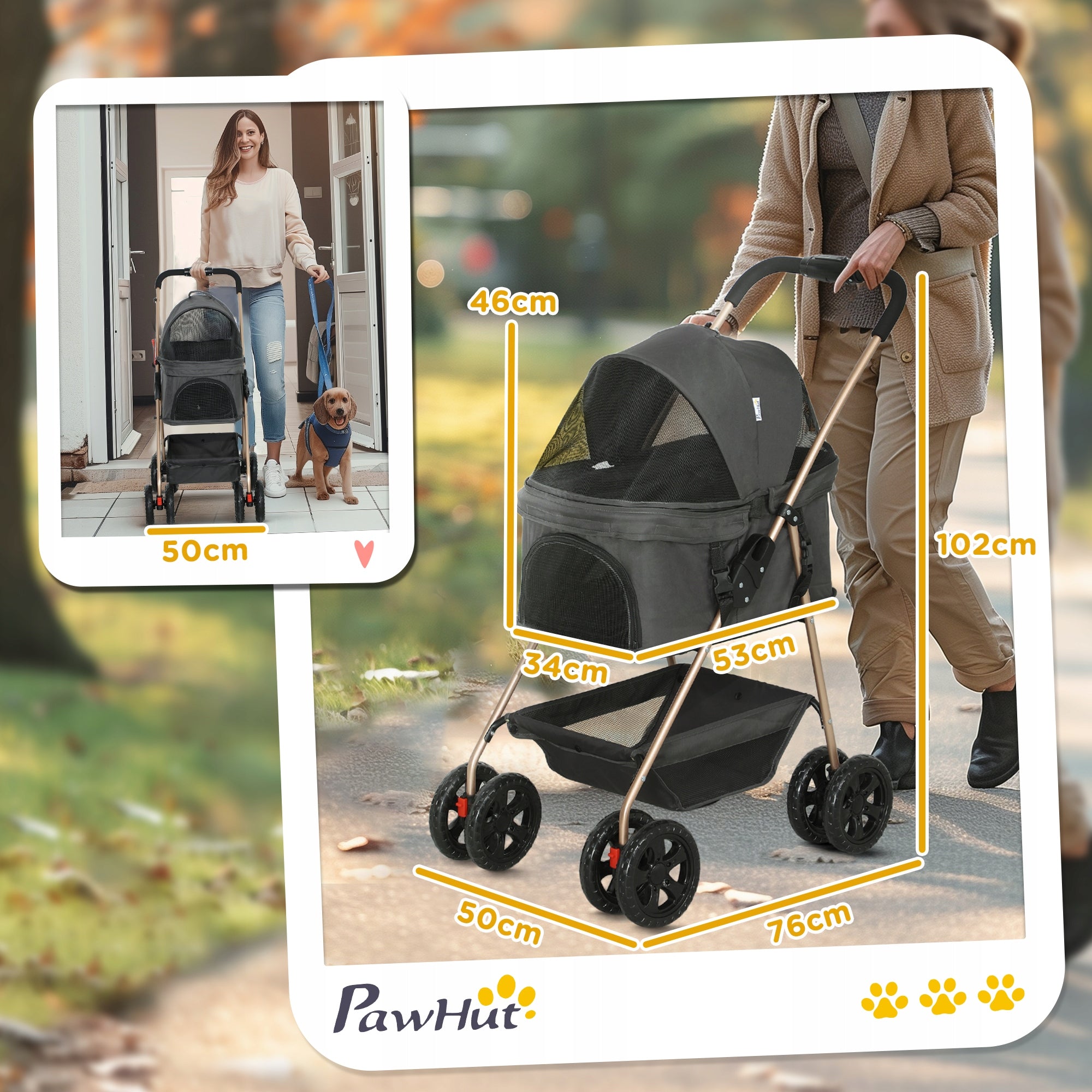 PawHut 3-in-1 Dog Stroller, Folding, Carry Bag, Convenient, Grey Size S