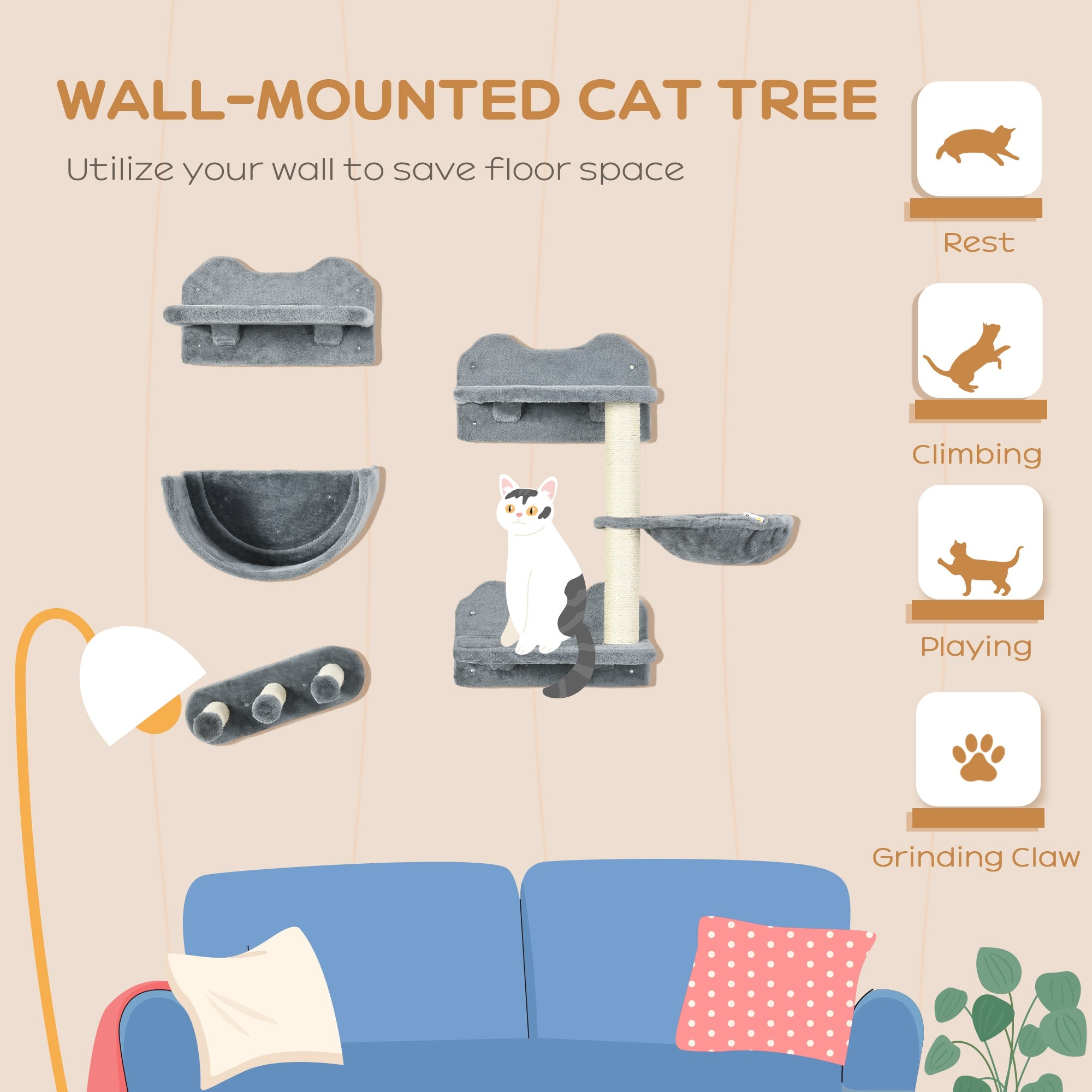 PawHut Cat Wall 4-Piece with Ladder and Hammock, Climbing Toy Manufacturer code PawHut