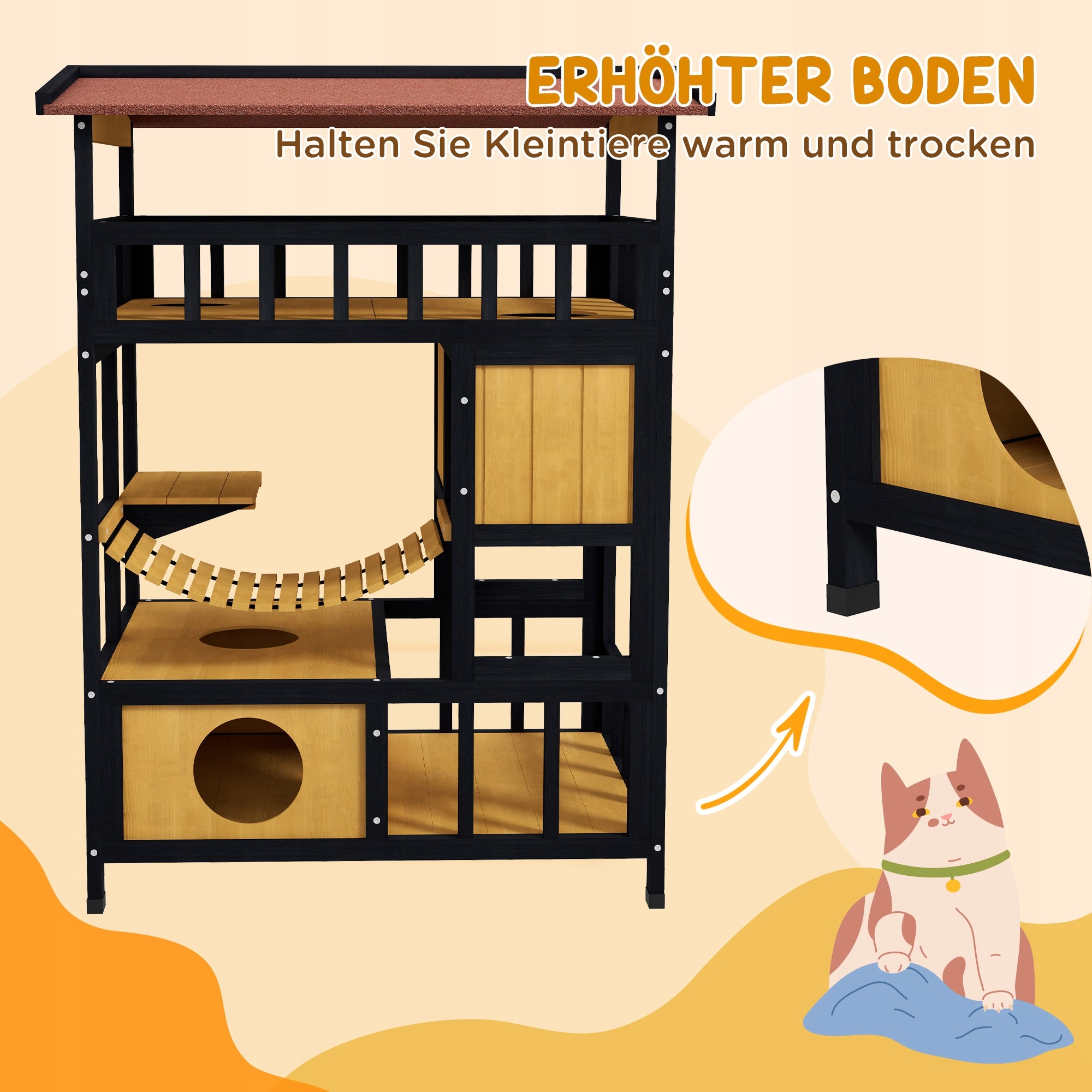 PawHut Cat house with platforms and bridge, for 2 cats Color yellow