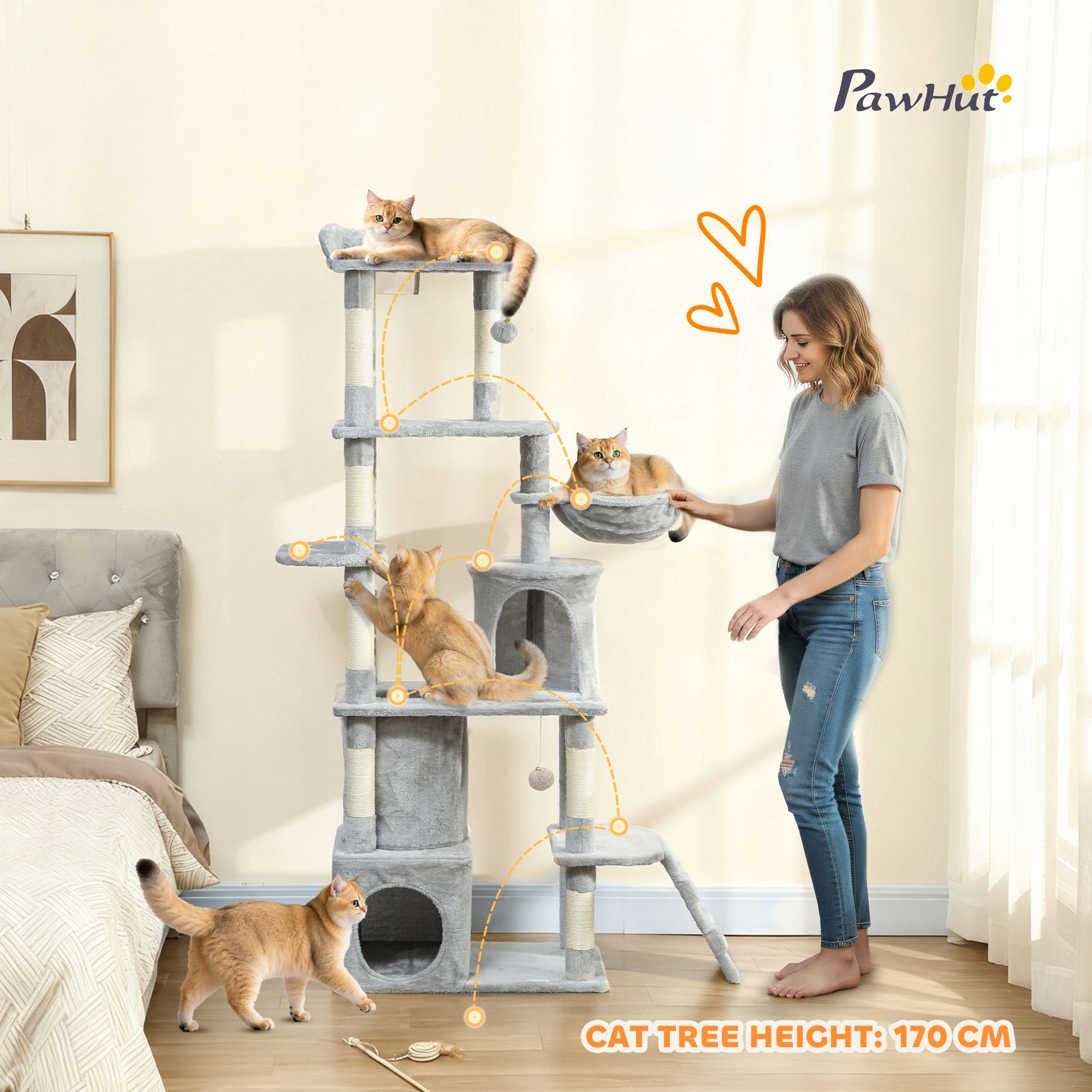 PawHut Cat scratcher, 170 cm, with tunnel and caves, large base, grey Manufacturer code D30-951V00LG