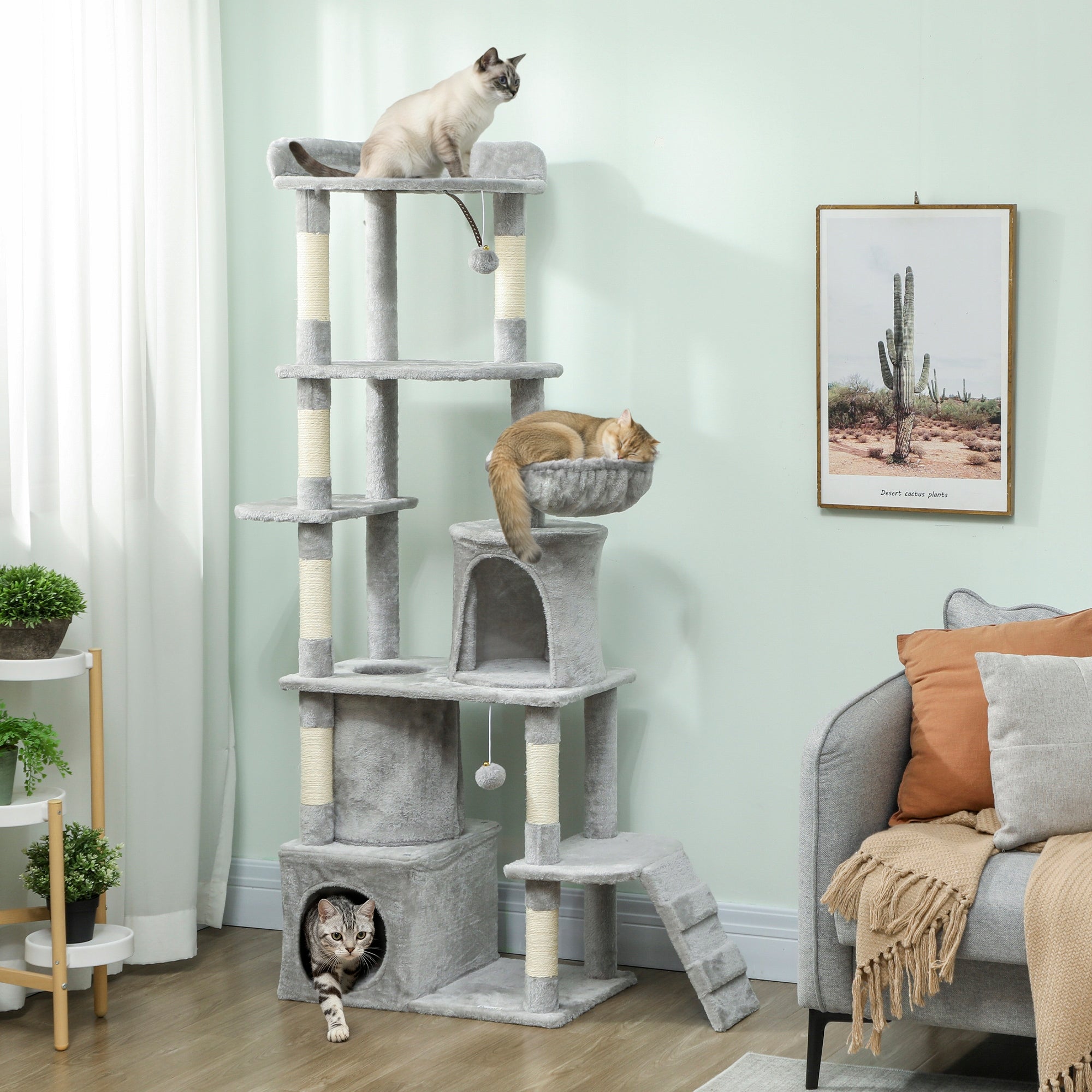 PawHut Cat scratcher, 170 cm, with tunnel and caves, large base, grey Packaging status original