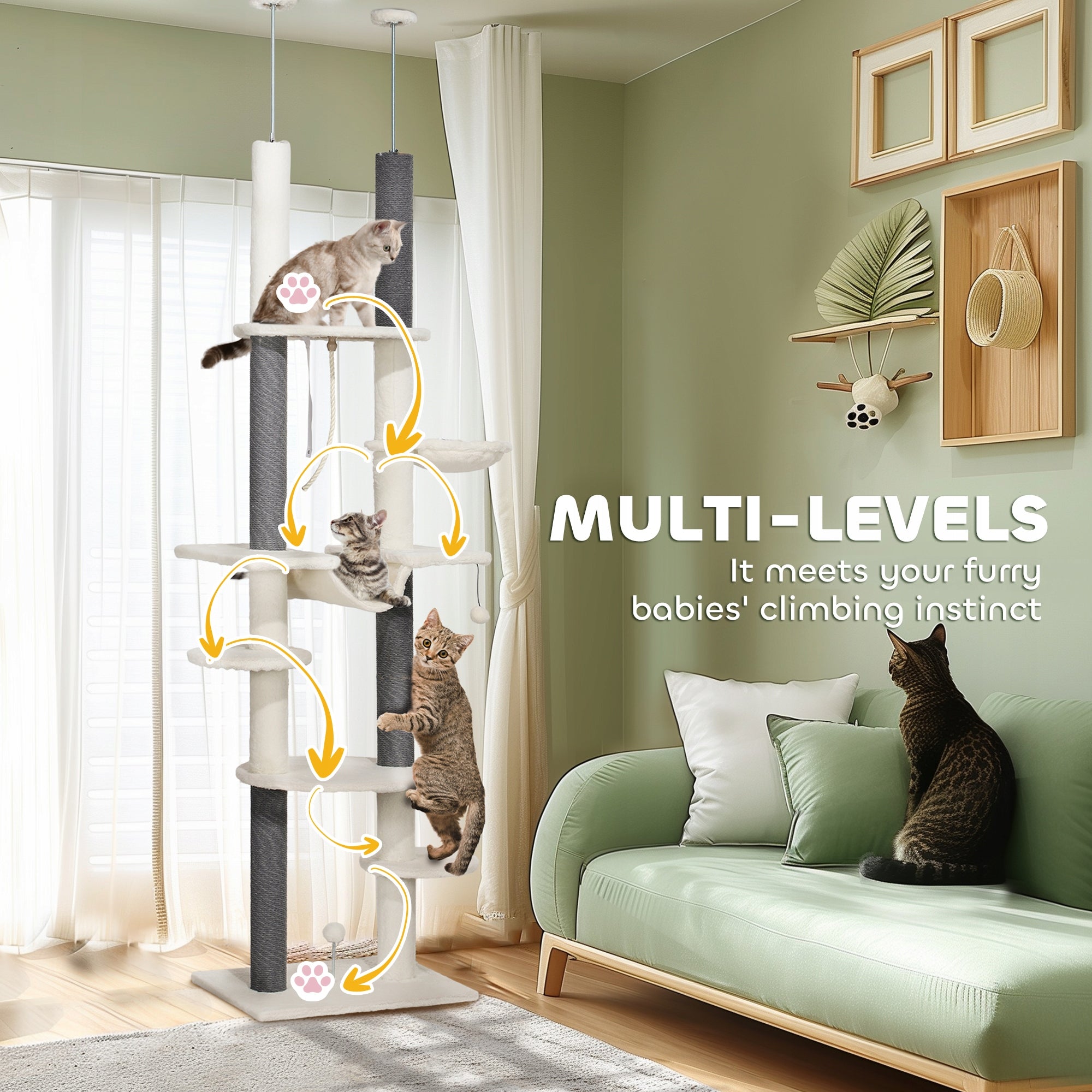 PawHut Cat scratcher, adjustable height 225-255 cm, 7-level, white Color white