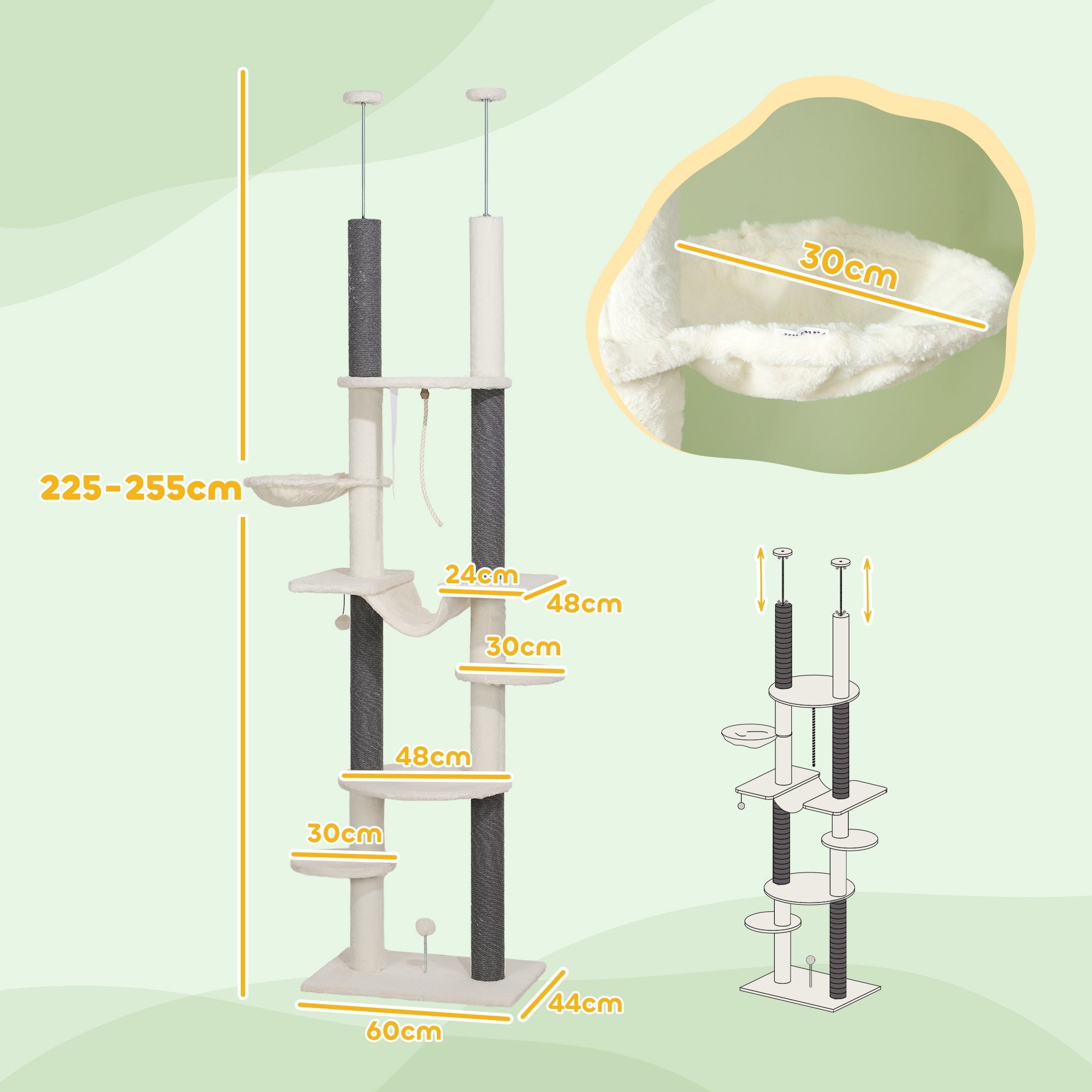PawHut Cat scratcher, adjustable height 225-255 cm, 7-level, white Number of levels 5