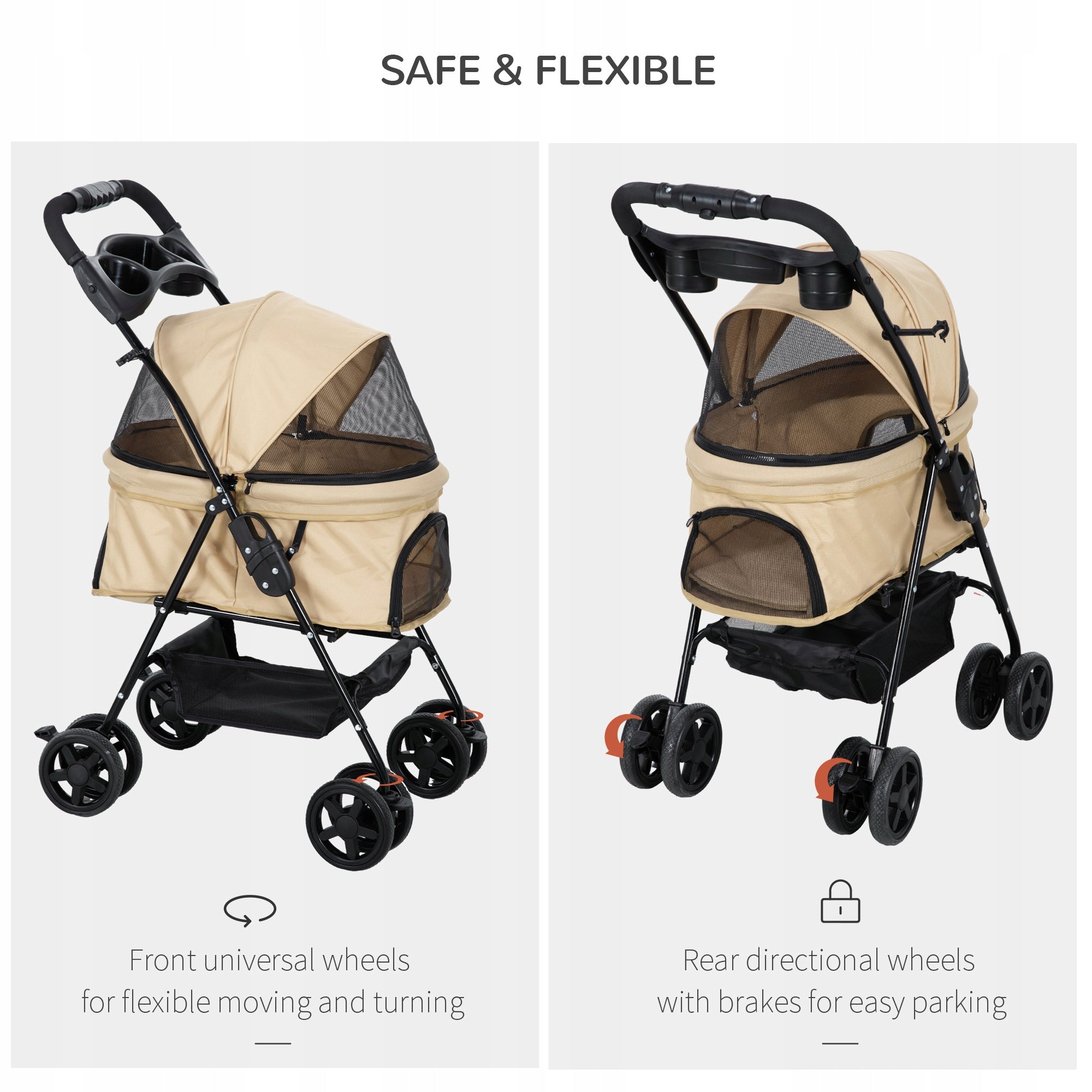 PawHut Dog and cat stroller, small, khaki, comfortable, 67 x 45 x 96 cm Color brown