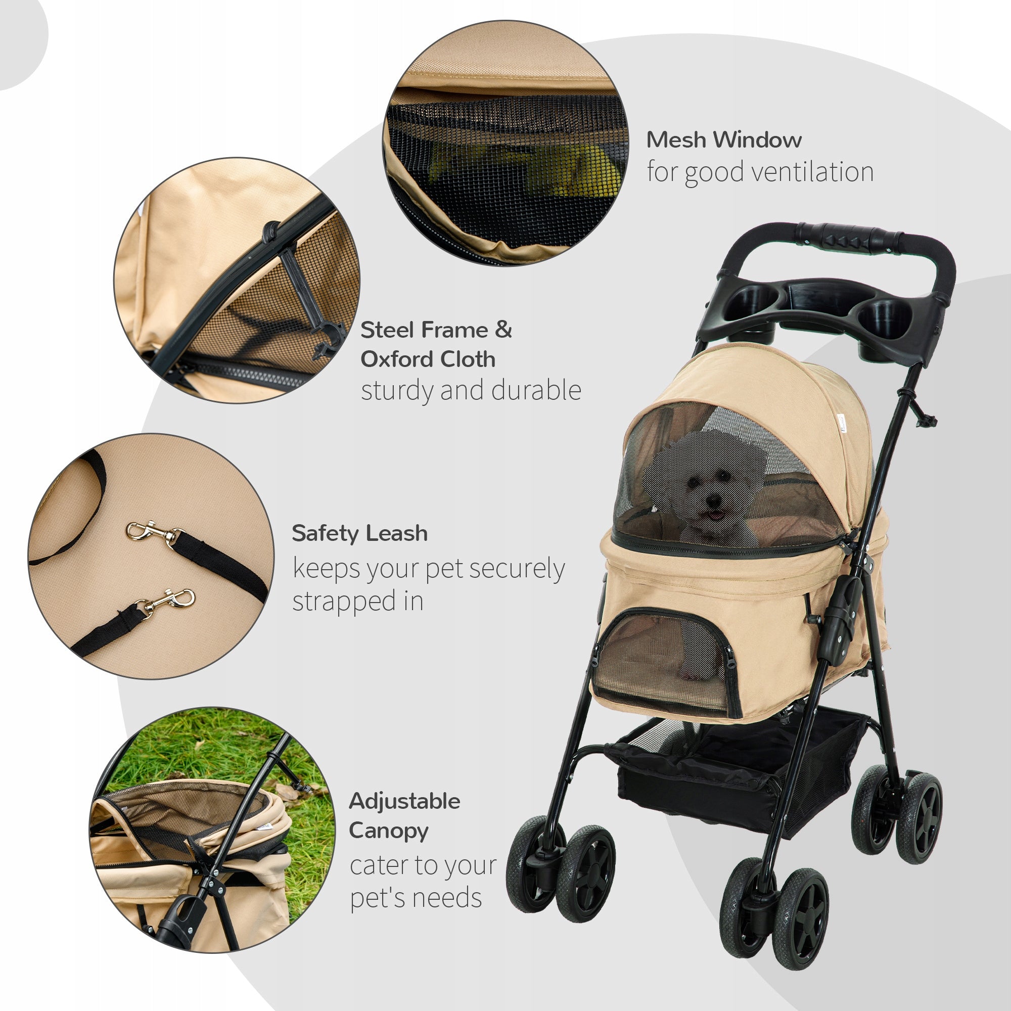 PawHut Dog and cat stroller, small, khaki, comfortable, 67 x 45 x 96 cm Size S/M