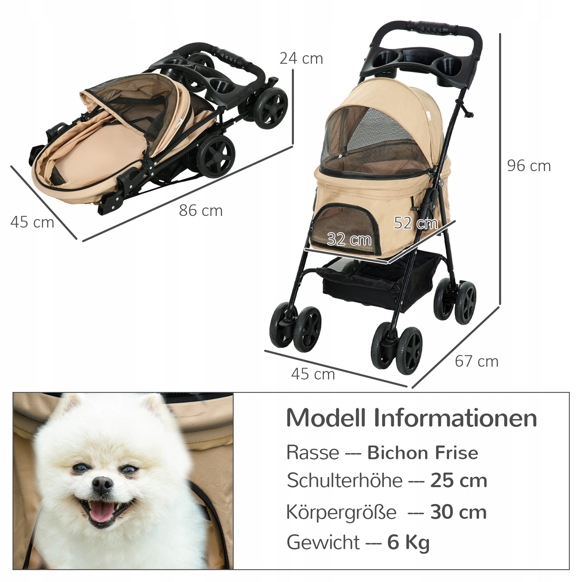 PawHut Dog and cat stroller, small, khaki, comfortable, 67 x 45 x 96 cm Trade name Transporter dla psa