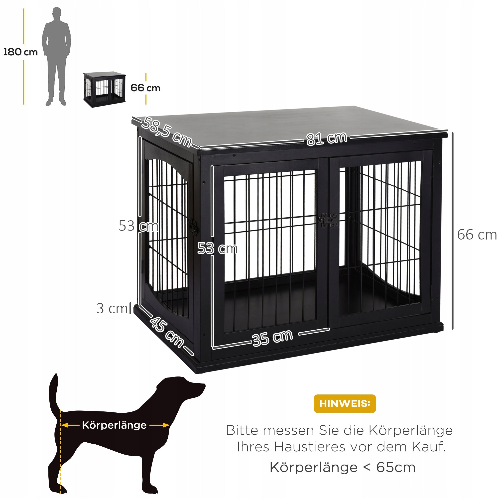 PawHut Dog cage with top, black, MDF, metal, 58,5 x 81 x 66 cm Kind cage