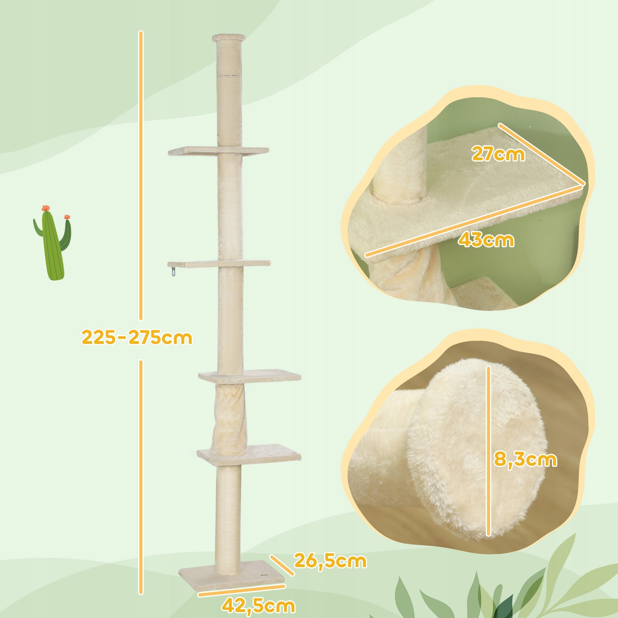 PawHut Multi-level cat tree, 225-275 cm, floor to ceiling Trade name PawHut