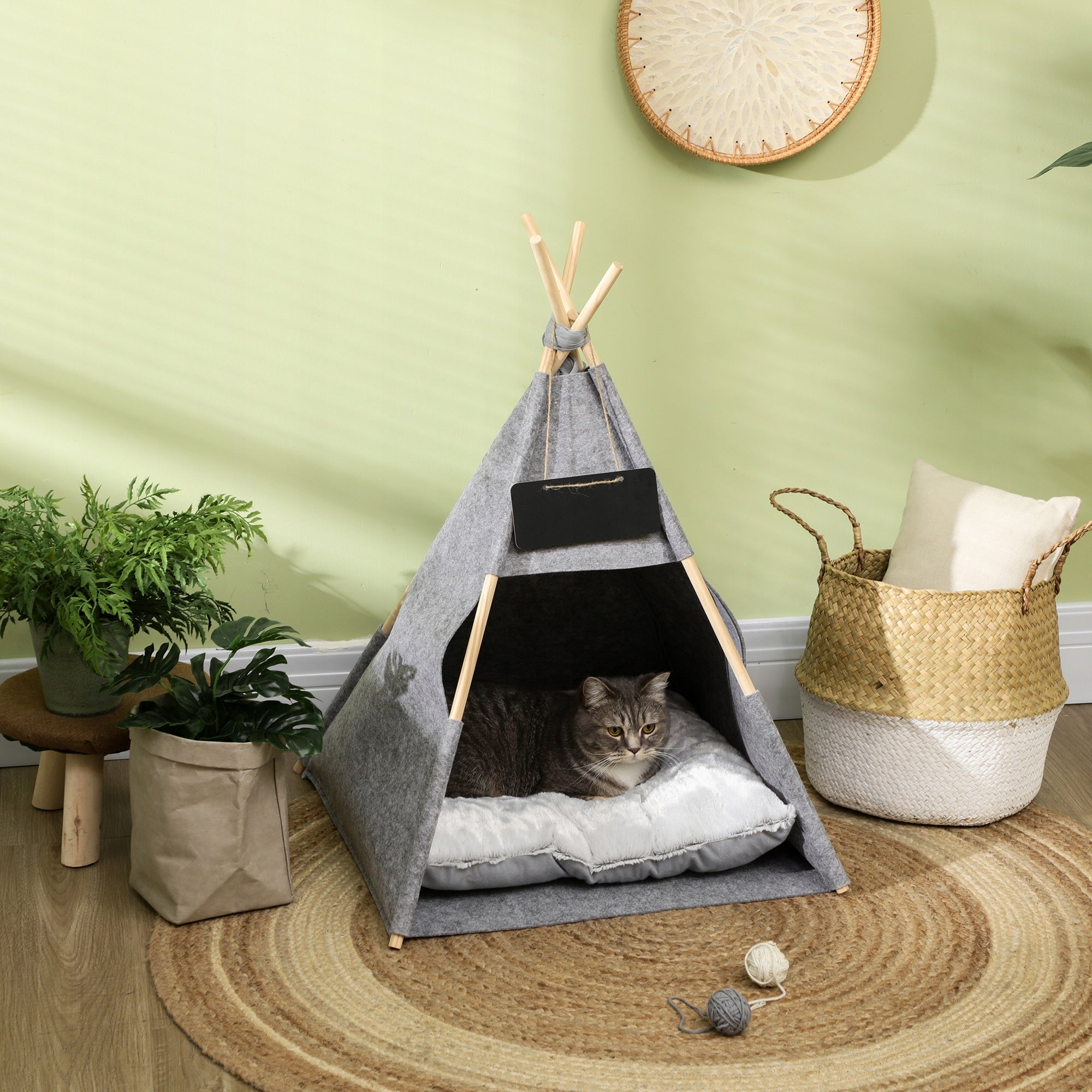 PawHut Tent for dog, cat, with soft pillow, plush, grey, 58x58x80cm Kind outdoor cat house