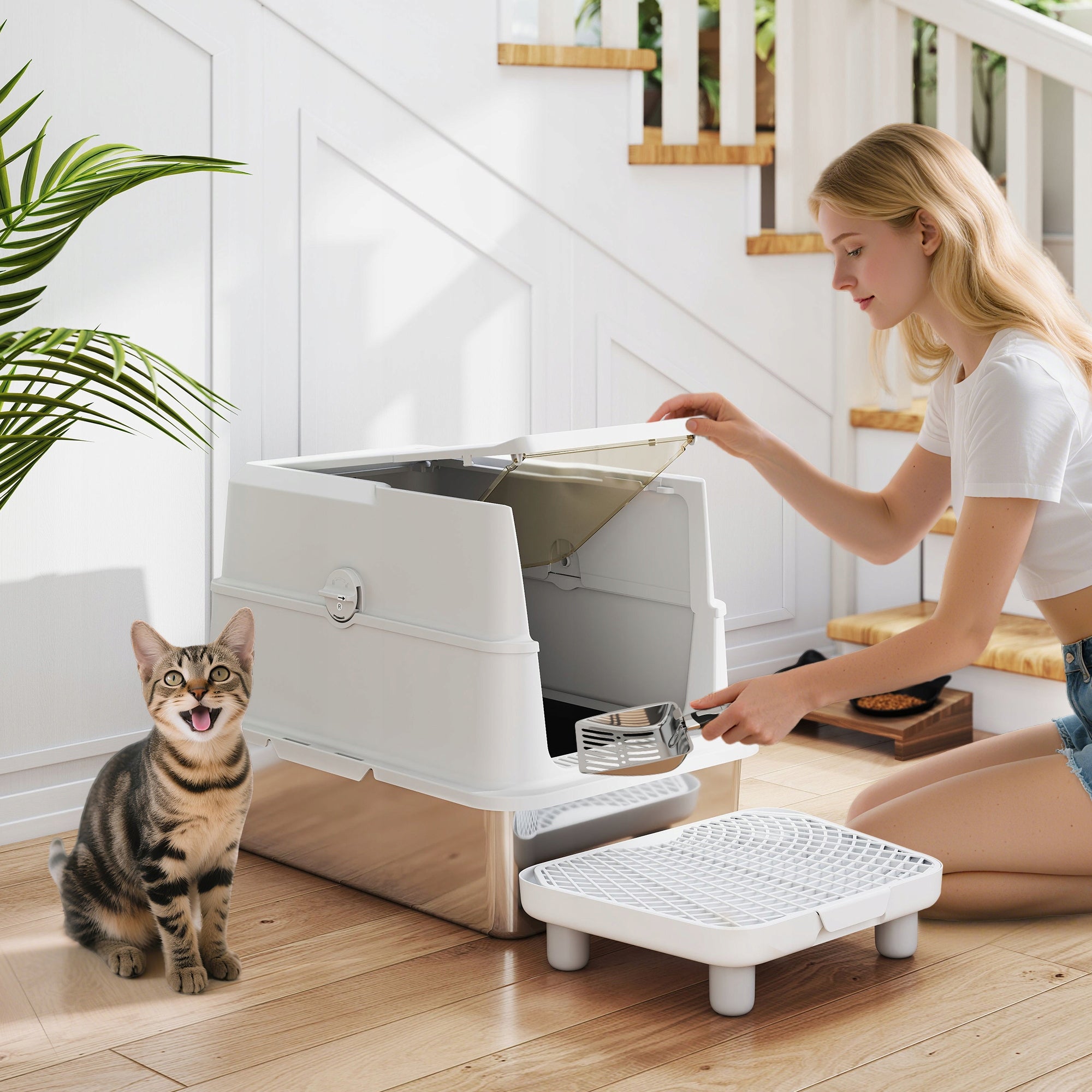 PawHut XL stainless steel litter box with lid, for large cats, grey Packaging status original