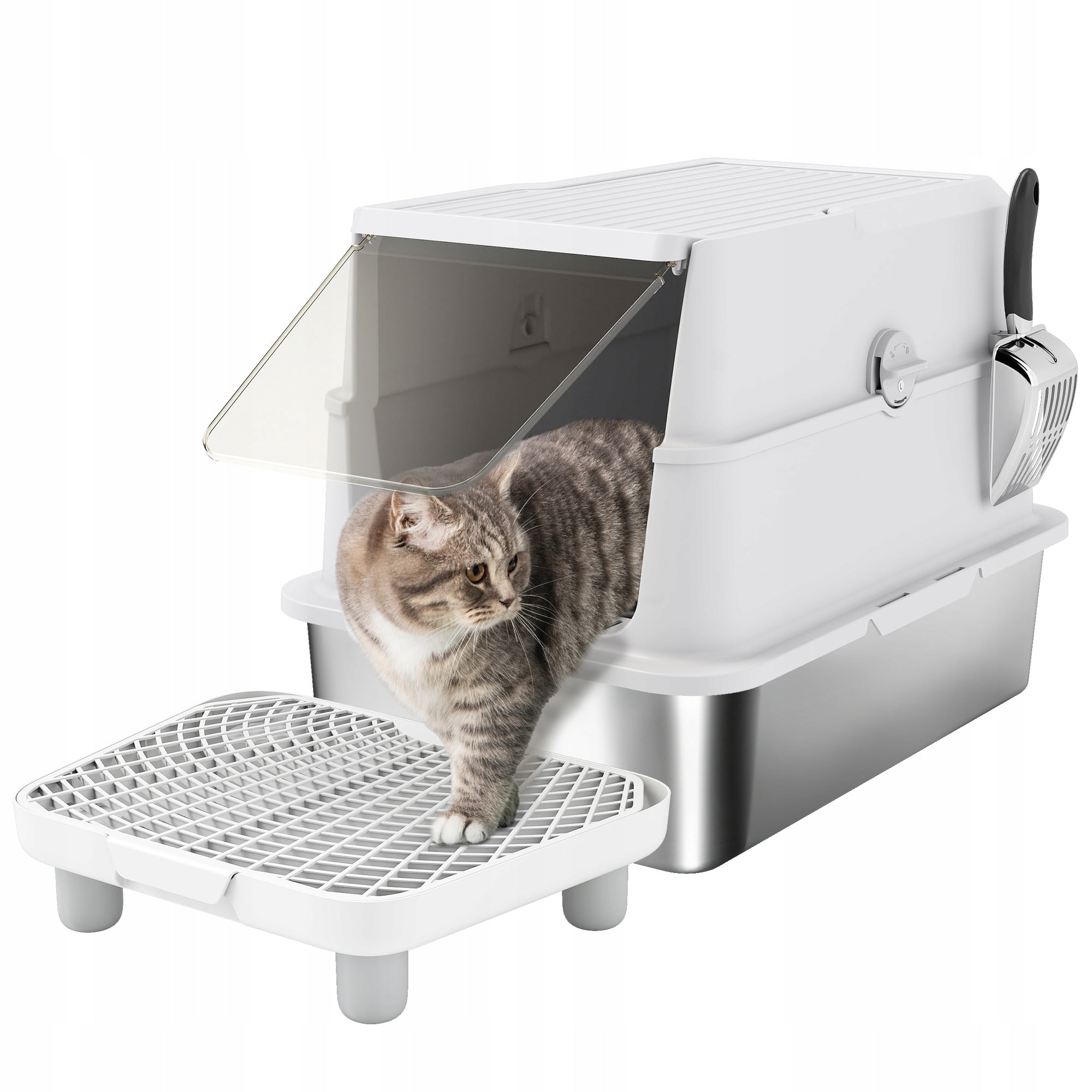 PawHut XL stainless steel litter box with lid, for large cats, grey