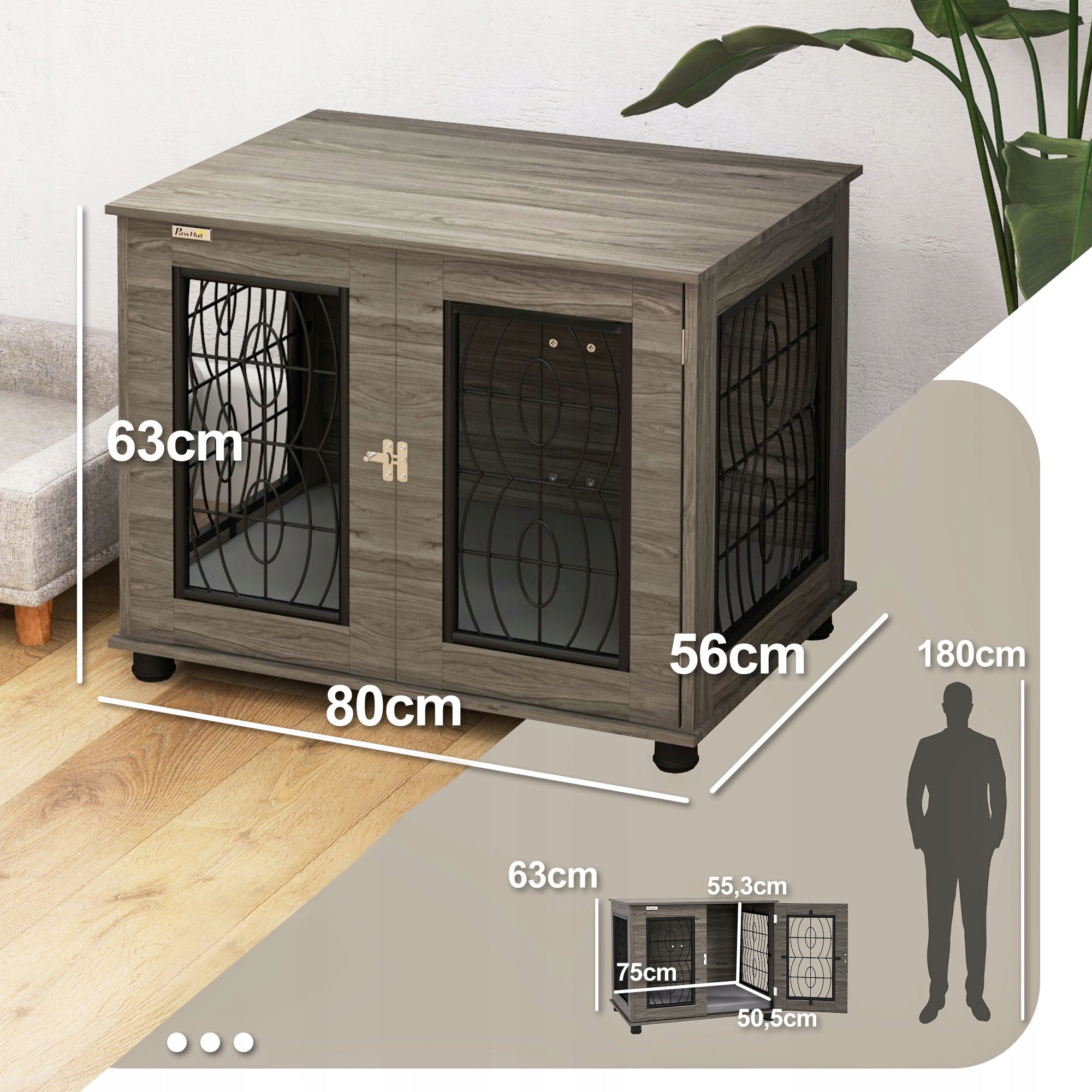 PawHut dog cage, with pillow, grey, lockable door, 80 x 56 x 63 cm Length 80 cm