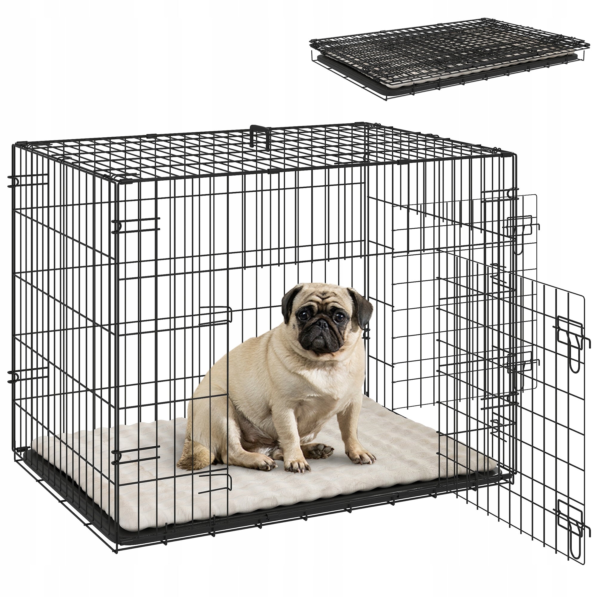PawHut folding dog cage with 2 doors, tray and pillow
