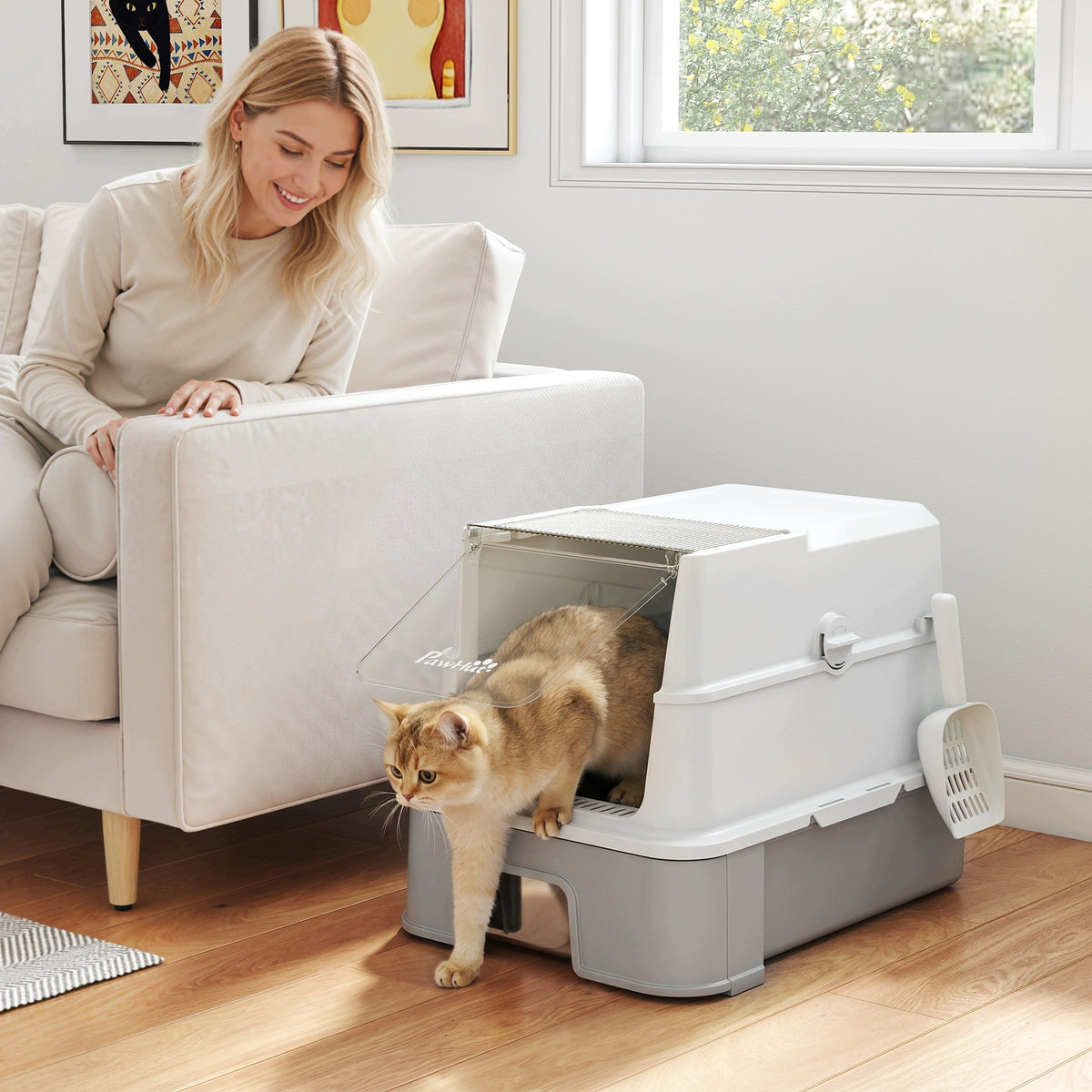 PawHut stainless steel litter box with lid, spatula, pull-out bowl Packaging status original