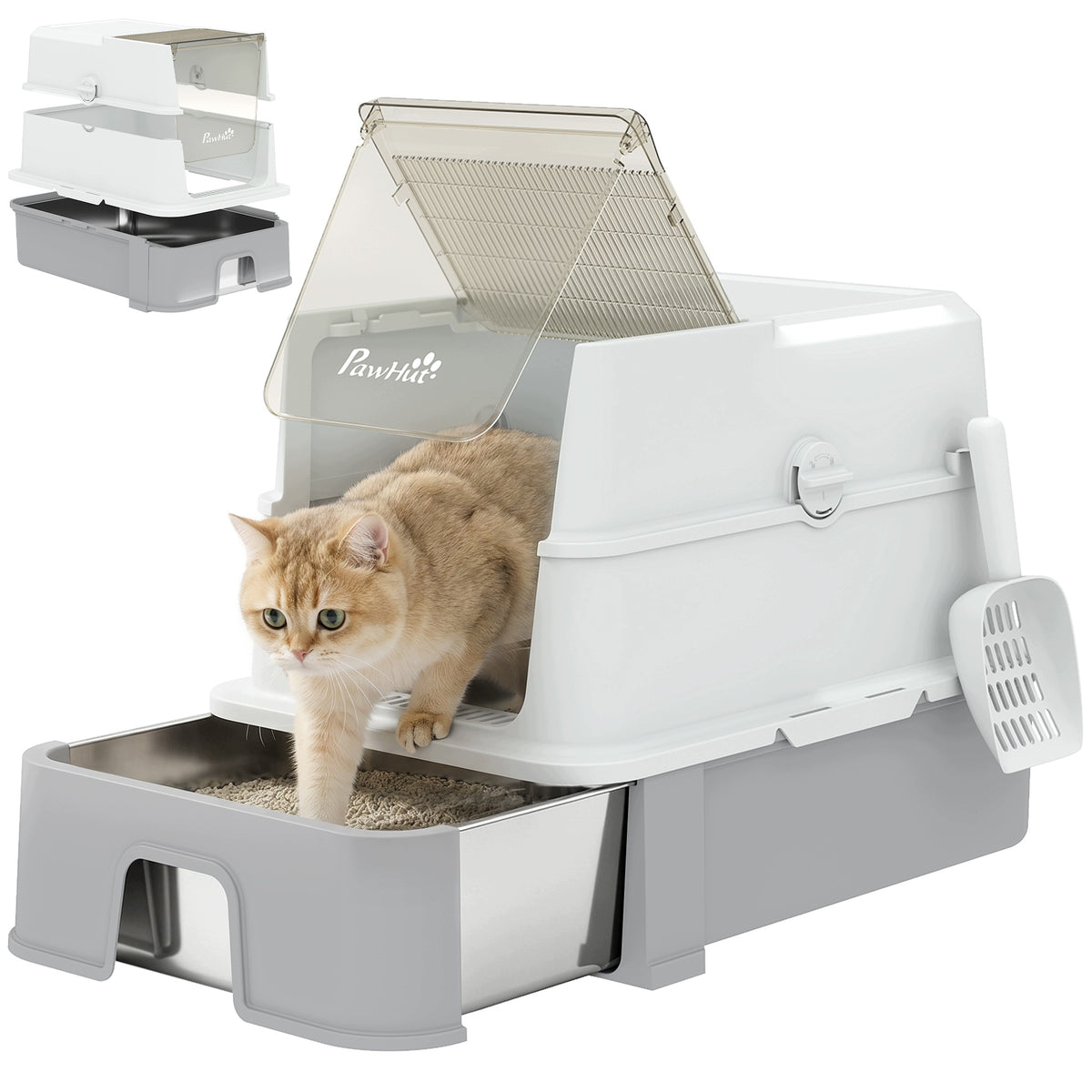 PawHut stainless steel litter box with lid, spatula, pull-out bowl