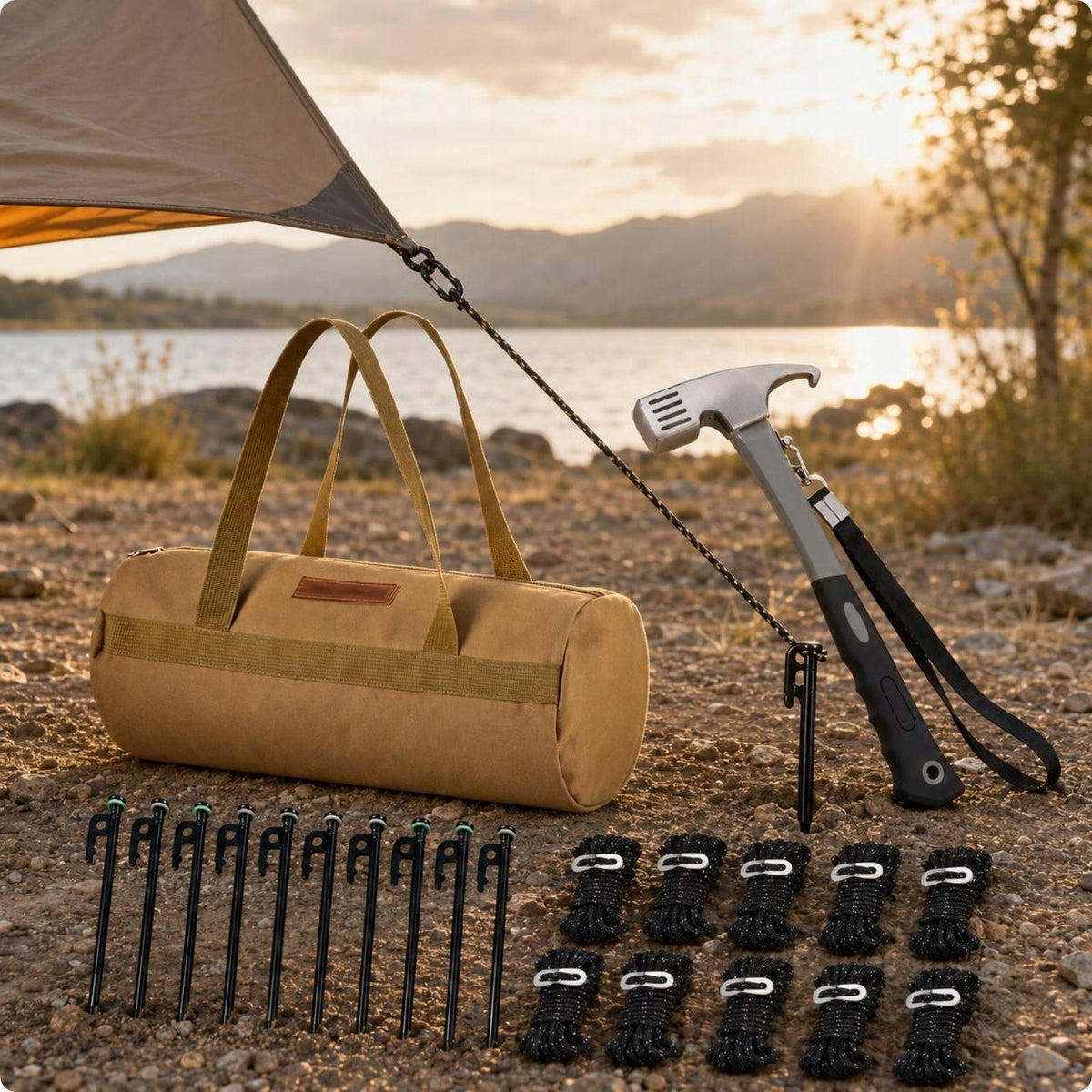 Peg Set Metal Tent Stake and Rope Collection Camping Essentials Kit Khaki