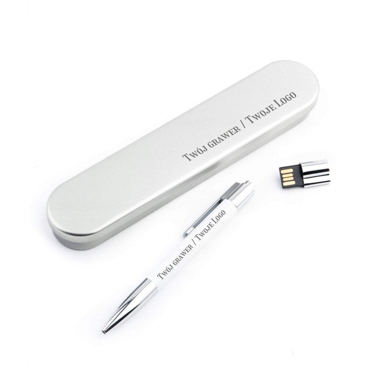 Pen with flash drive 16 GB USB 2.0 WHITE + METAL CASE FOR GIFT + ENGRAVING