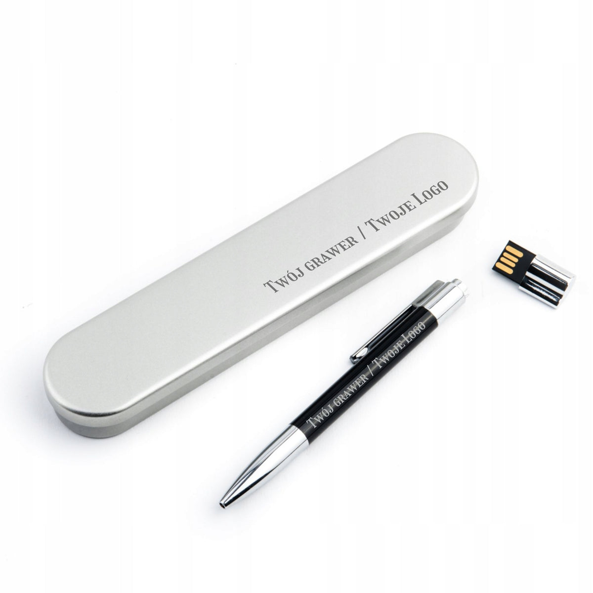 Pen with pendrive 8 GB USB2.0 BLACK + METAL CASE FOR A GIFT + ENGRAVING