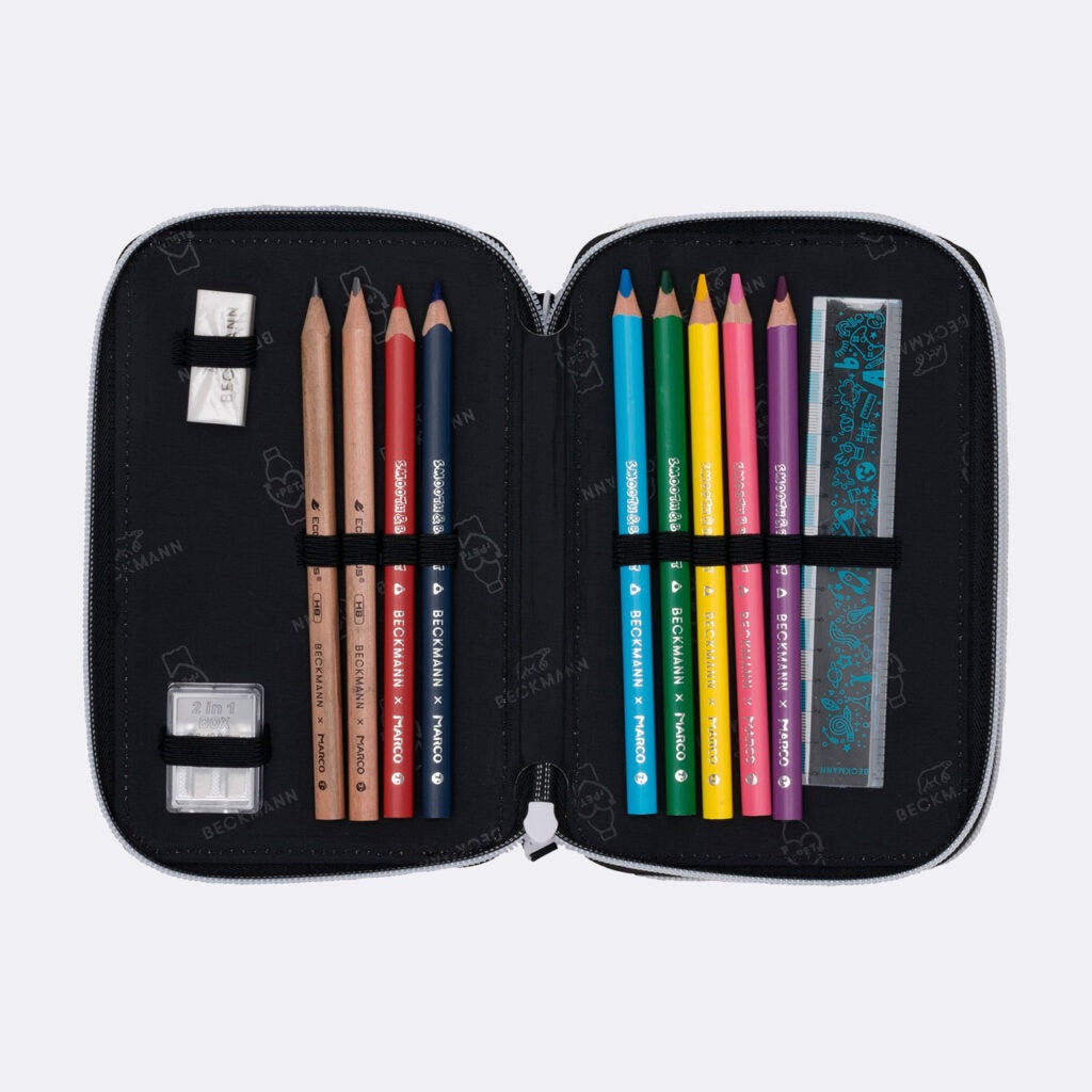 Pencil case with three compartments fully equipped, Magic League Brand BECKMANN