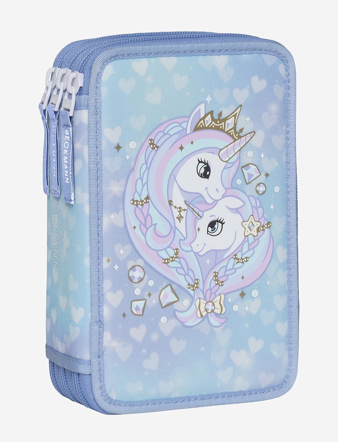 Pencil case with three compartments fully equipped, Unicorn Princess Ice Blue