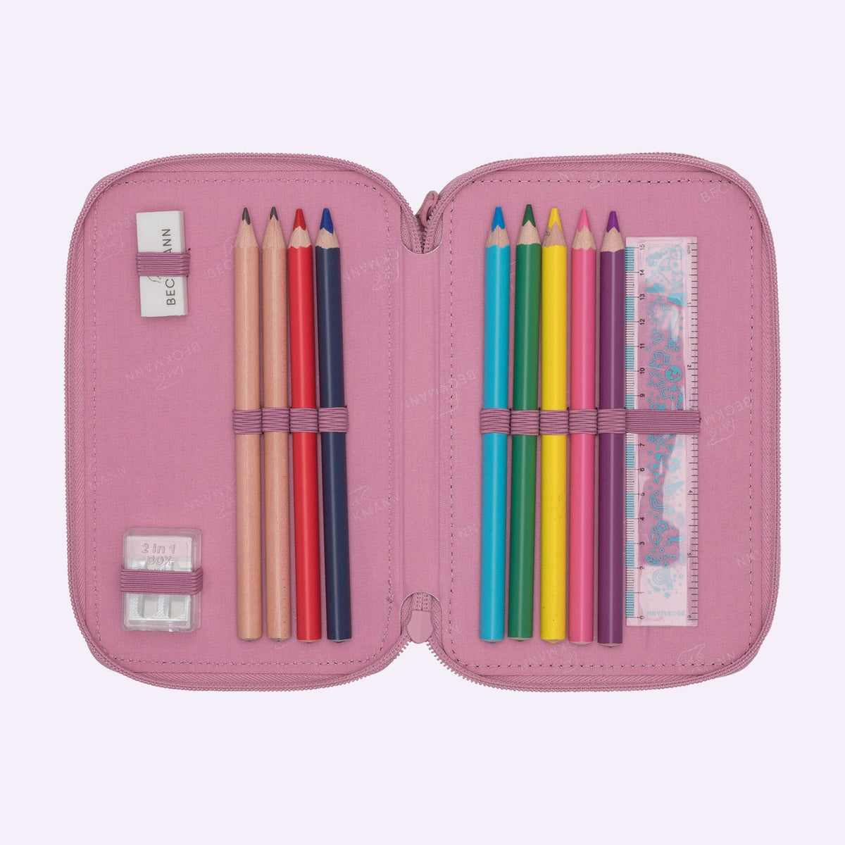 Pencil case with three compartments, fully equipped, pink Brand BECKMANN