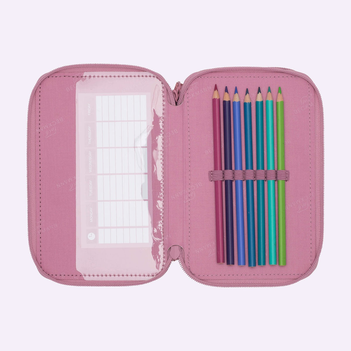 Pencil case with three compartments, fully equipped, pink Color multicolor
