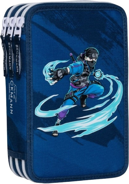 Pencil case with three sections fully equipped, Ninja master blue