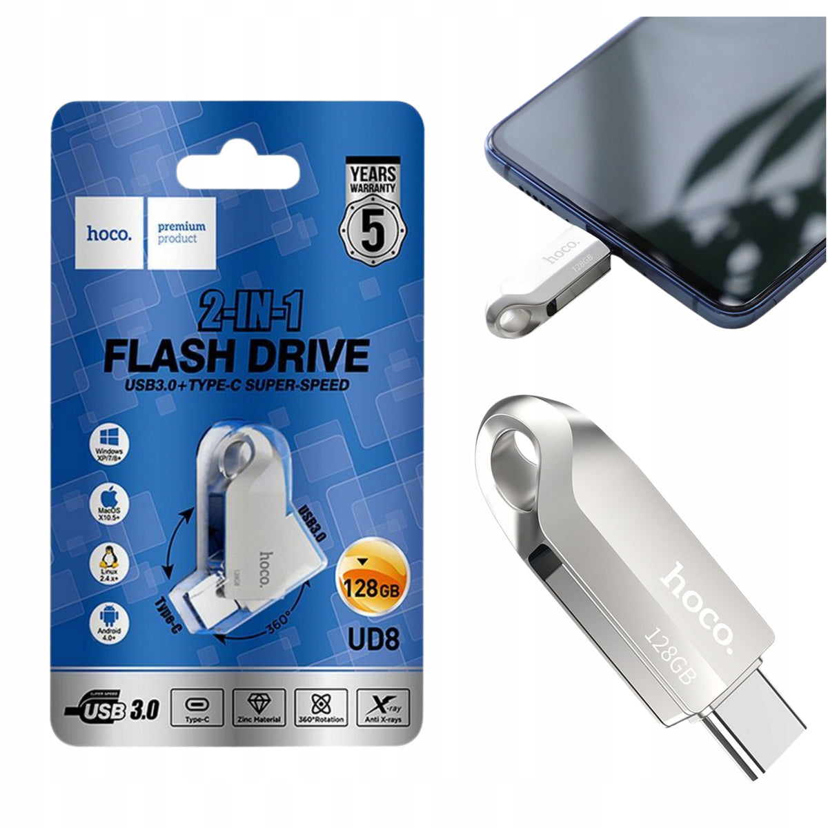 Pendrive 128GB USB 3.0 (USB A + USB C) Hoco Mini Dual 2in1 For Laptop Nickel