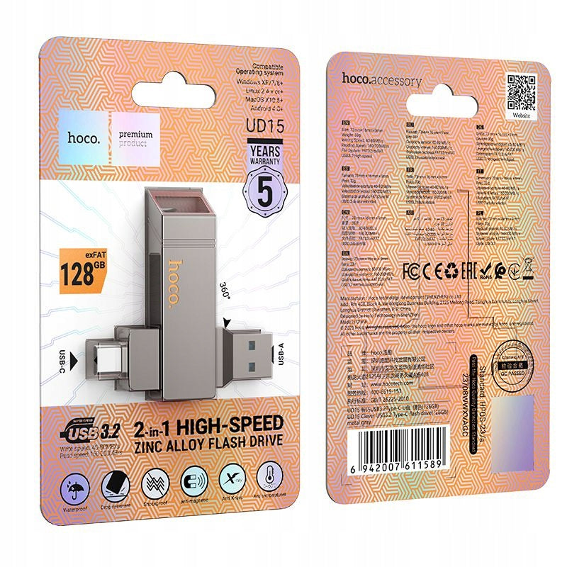 Pendrive 128GB USB 3.2 (USB A + USB C) Hoco UD15 Gray Small for Computer Manufacturer code 6942007611589