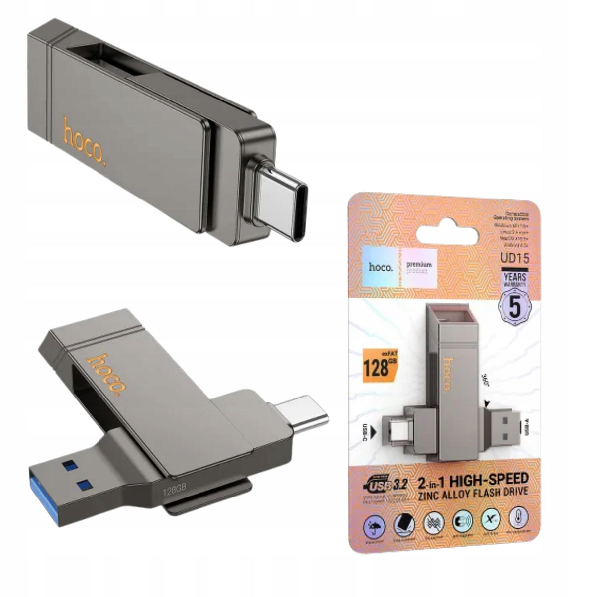 Pendrive 128GB USB 3.2 (USB A + USB C) Hoco UD15 Gray Small for Computer