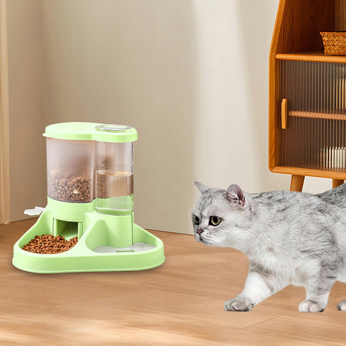 Pet Food and Water Dispenser Set Pets Feeder Waterer Stable Base Easy green