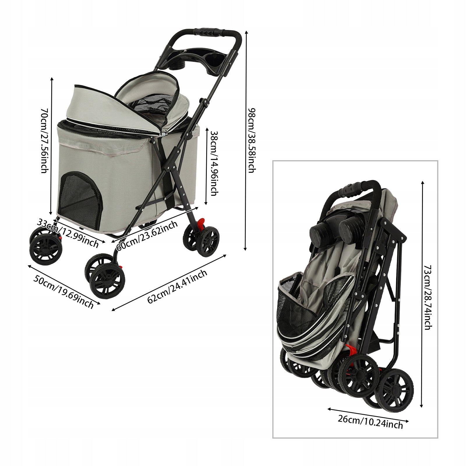 Pet Trolley, Pet Stroller, Grey Foldable Carrier for Cat & Dog, 62*50*98cm Packaging status original