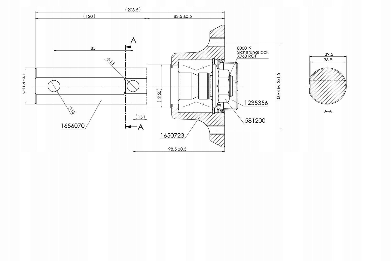 Nabe für ungebremsten Achsanhänger AL-KO Plus 100X4 / M12X1,5 