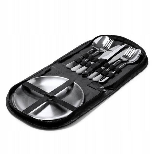 Picnic set hiking camping cutlery plates metal 2 os RPET case Color black