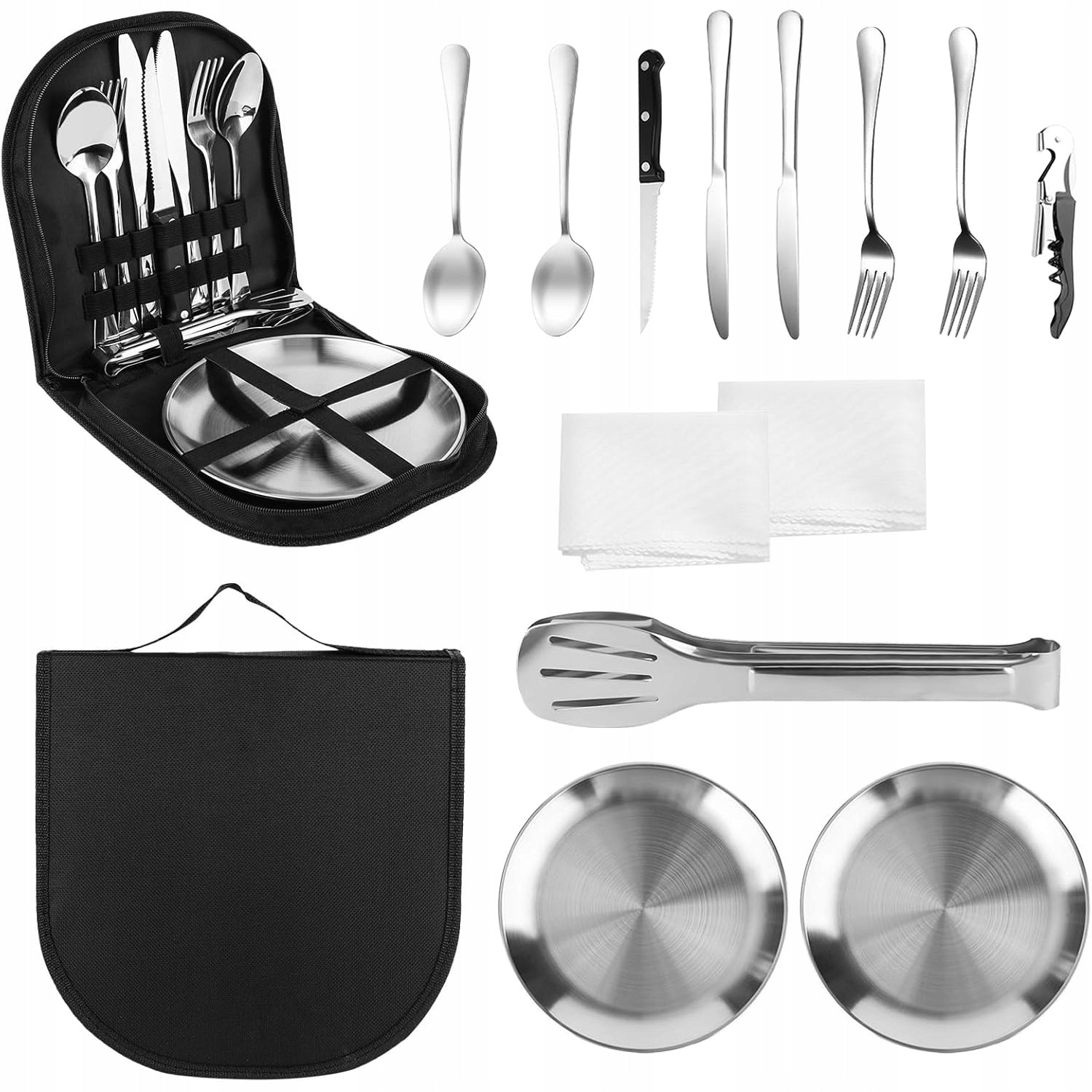 Picnic set hiking camping cutlery plates metal 2 os case