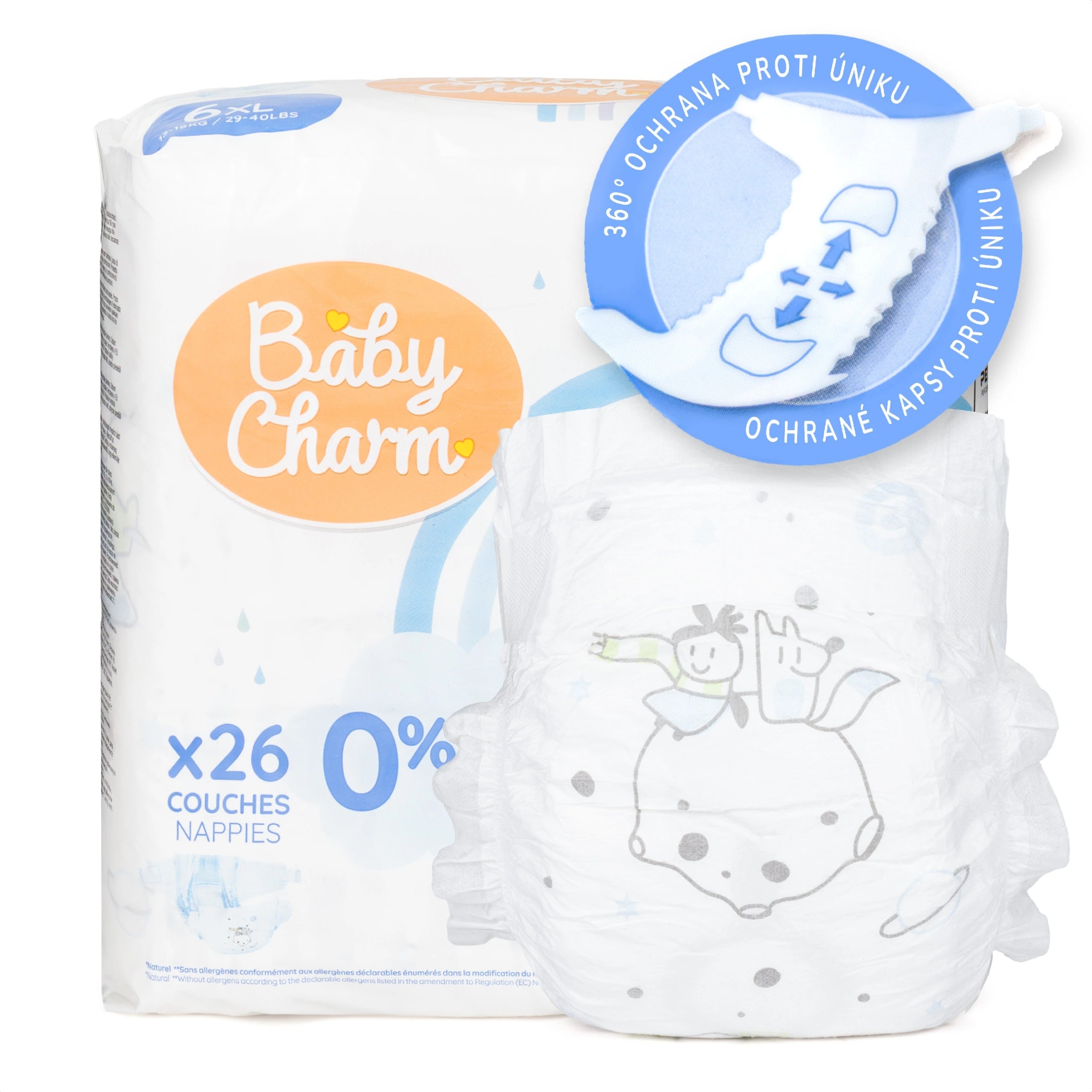 Pieluchy BabyCharm 6 XL 13-18 kg 26 szt Premium Super Dry Flex TANIO