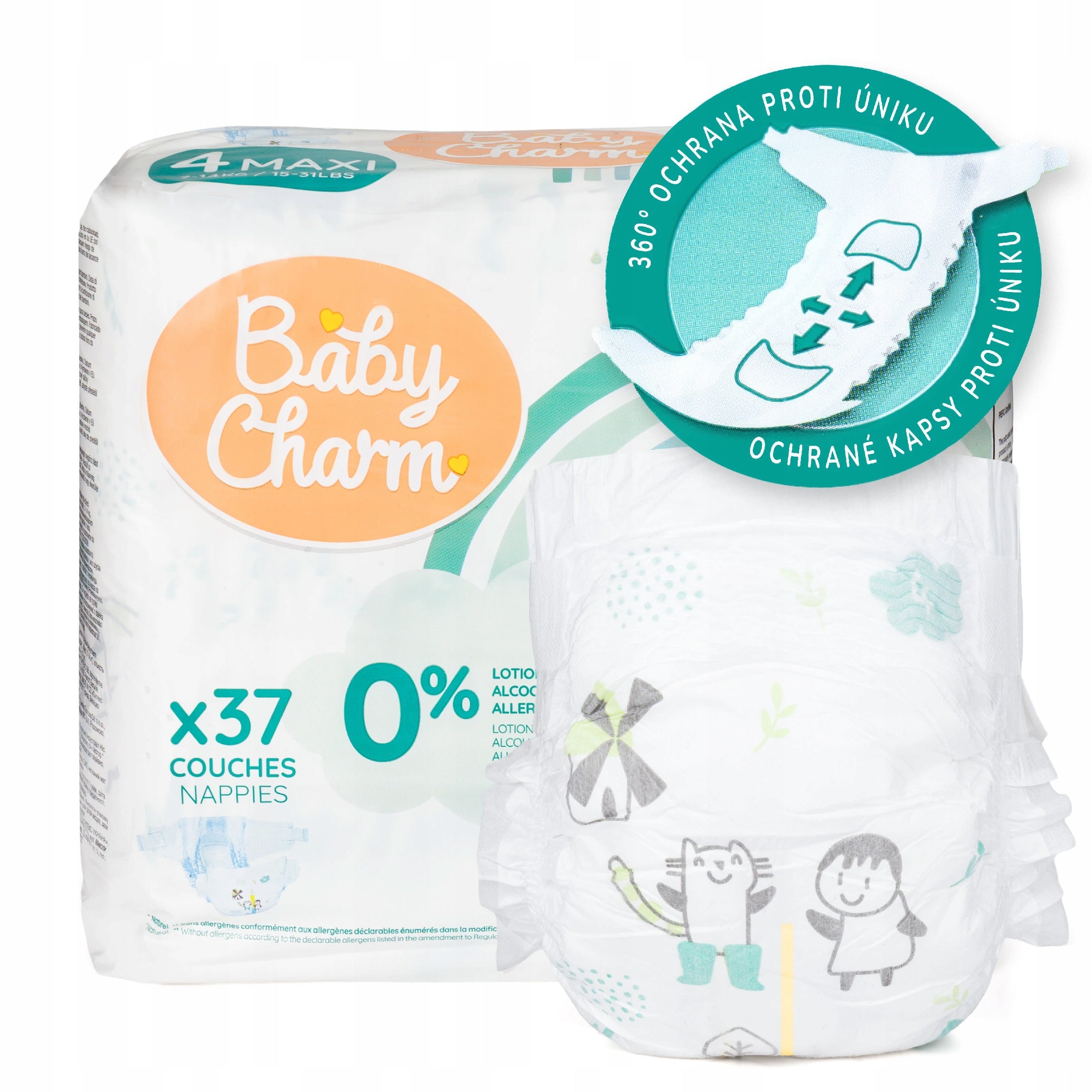 Pieluchy BabyCharm Maxi 4 7-14 kg 37 szt Wskaźnik wilgoci TANIO