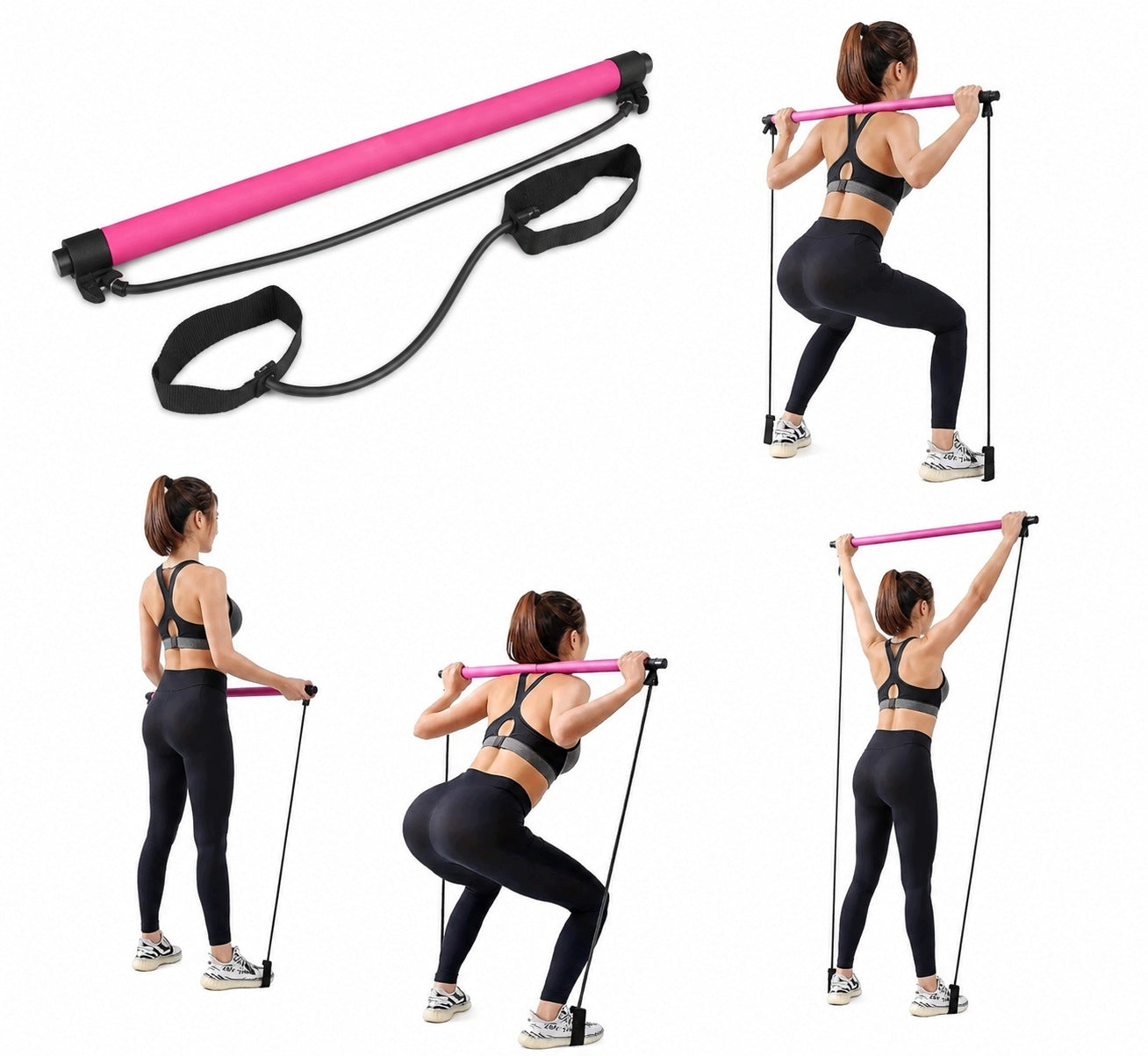 Pilates Tapes Exercise Set with Bar and Resistance Rubbers 2 Pieces Roses